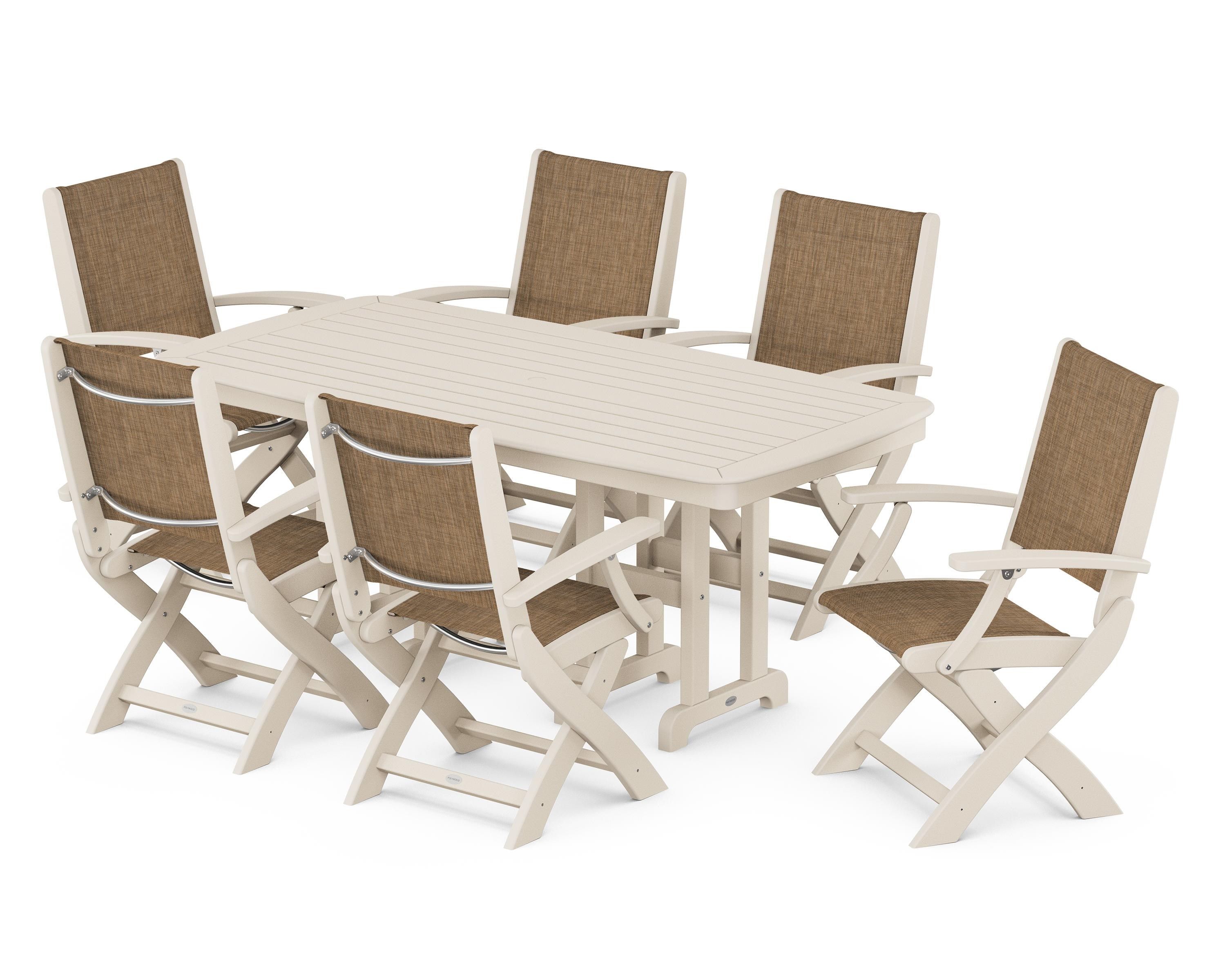 POLYWOOD® Coastal Folding Arm Chair 7-Piece Dining Set in Sand / Burlap Sling