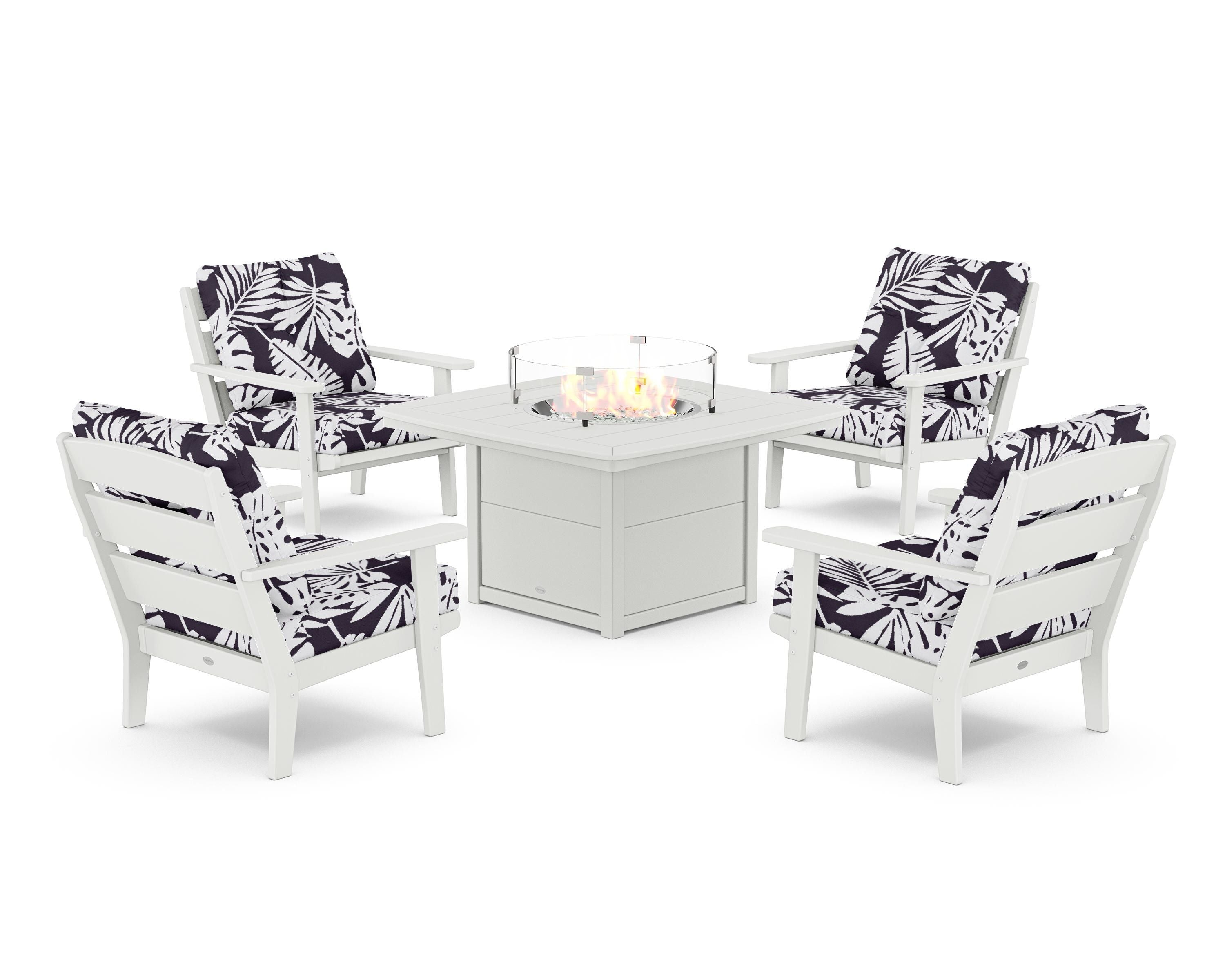 POLYWOOD® Lakeside 5-Piece Deep Seating Set with Nautical Fire Pit Table in White / Leaf Navy
