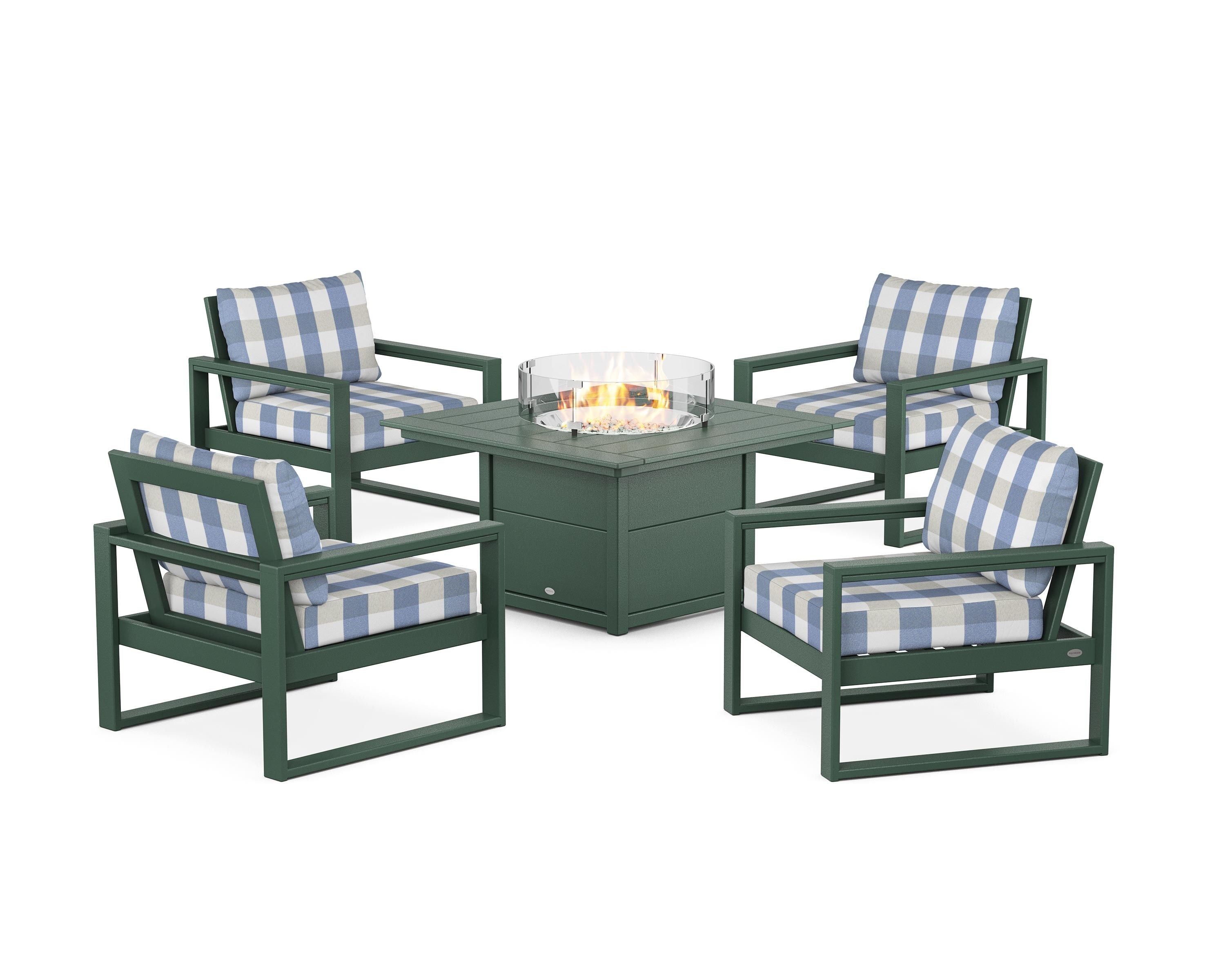 POLYWOOD® EDGE Sectional 5-Piece Deep Seating Set with Fire Pit Table in Green / Buffalo Plaid Sky Blue