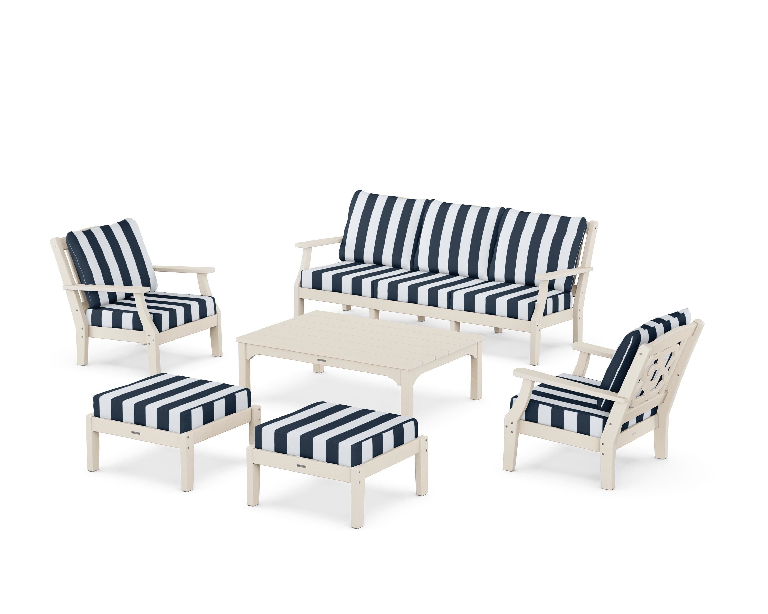 Martha Stewart by POLYWOOD® Chinoiserie 6-Piece Lounge Sofa Set in Sand / Cabana Stripe Marine Indigo
