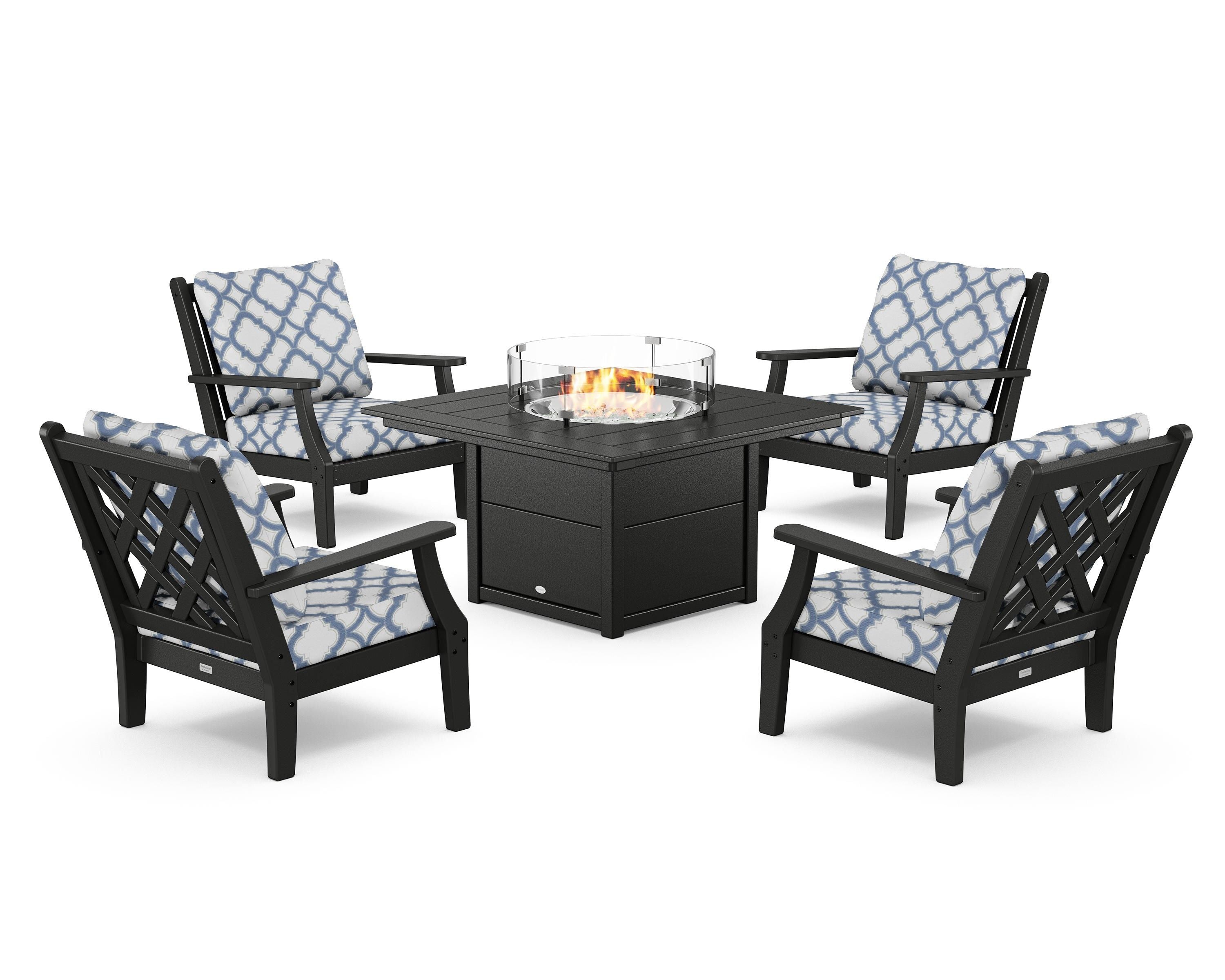 Country Living Wovendale 5-Piece Deep Seating Set with Fire Pit Table in Black / Trellis Sky Blue