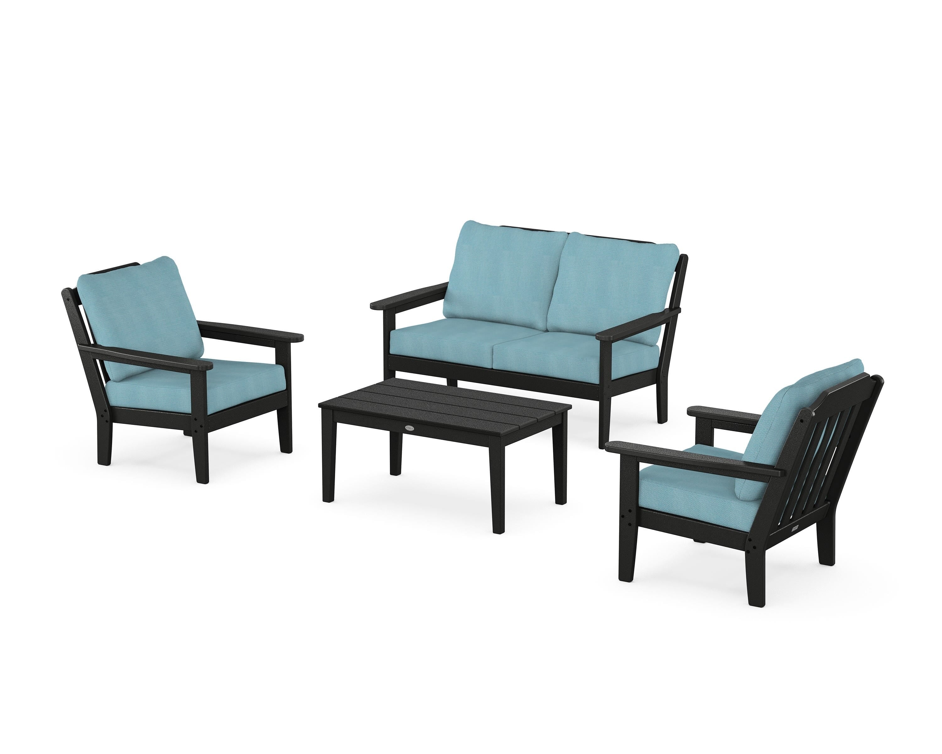 Country Living Cottage 4-Piece Deep Seating Set with Loveseat in Black / Lattice Sky Blue