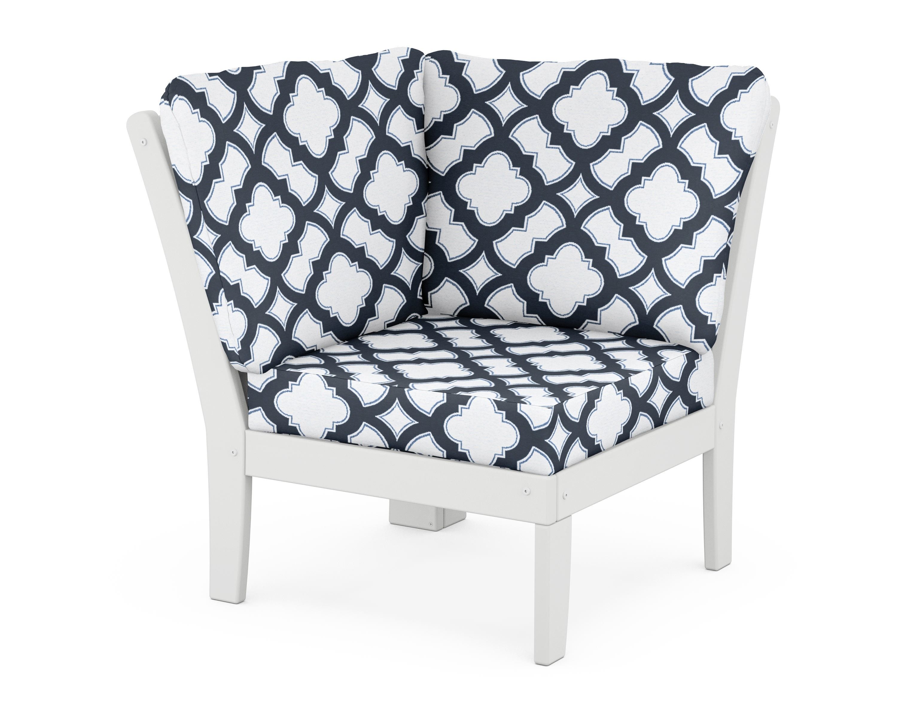 POLYWOOD® Braxton Modular Corner Chair in White / Trellis Marine Indigo