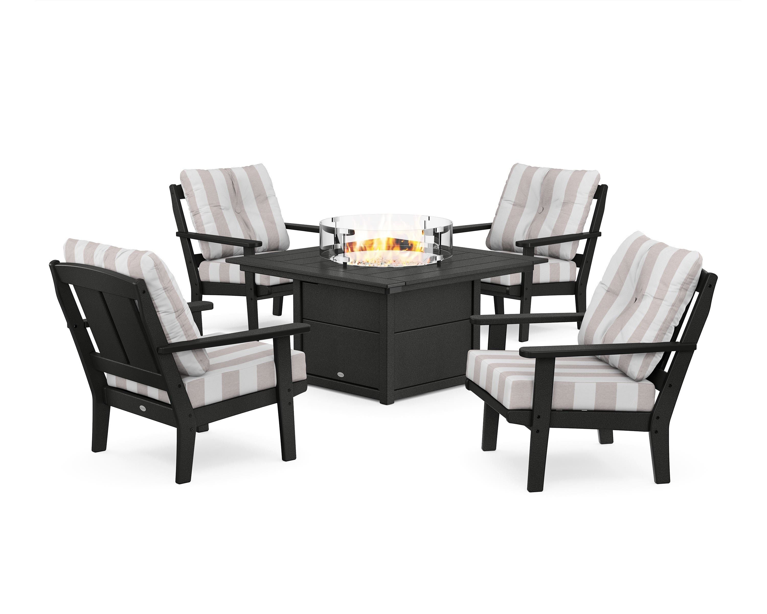 POLYWOOD® Mission 5-Piece Deep Seating Set with Fire Pit Table in Black / Cabana Stripe Dune Burlap
