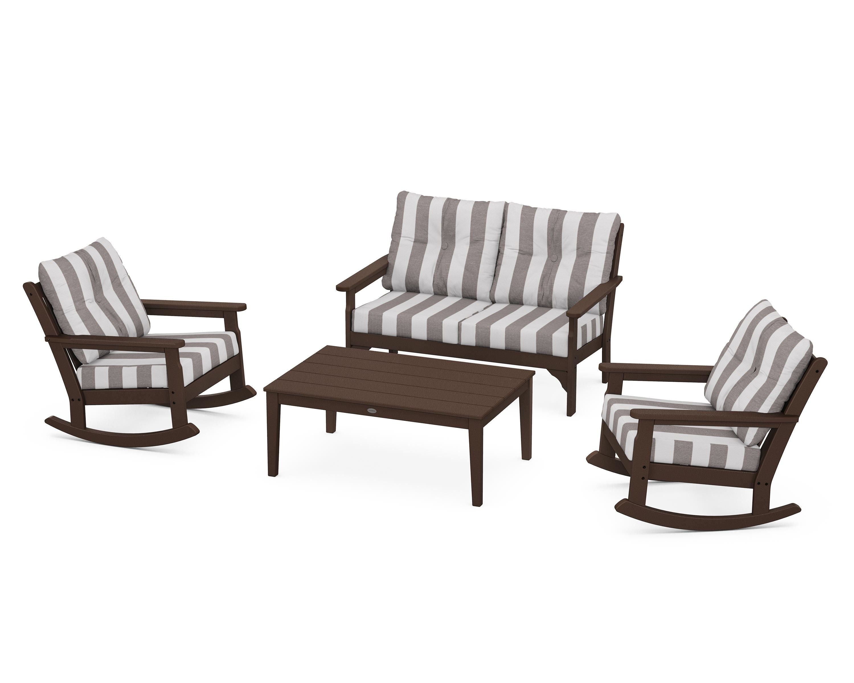 POLYWOOD® Vineyard 4-Piece Deep Seating Rocking Chair Set in Mahogany / Cabana Stripe Grey Mist
