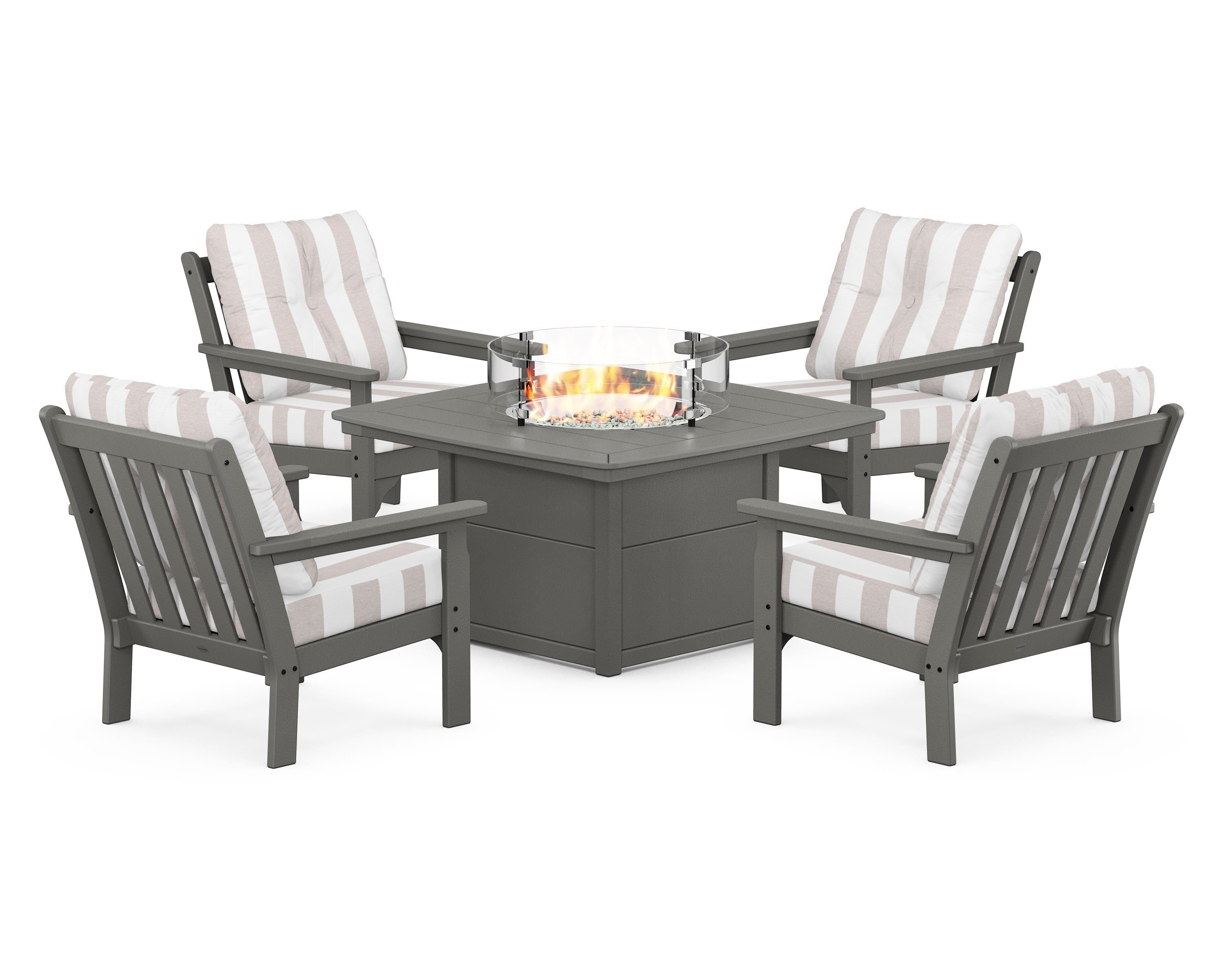 POLYWOOD® Vineyard 5-Piece Conversation Set with Fire Pit Table in Slate Grey / Cabana Stripe Dune Burlap