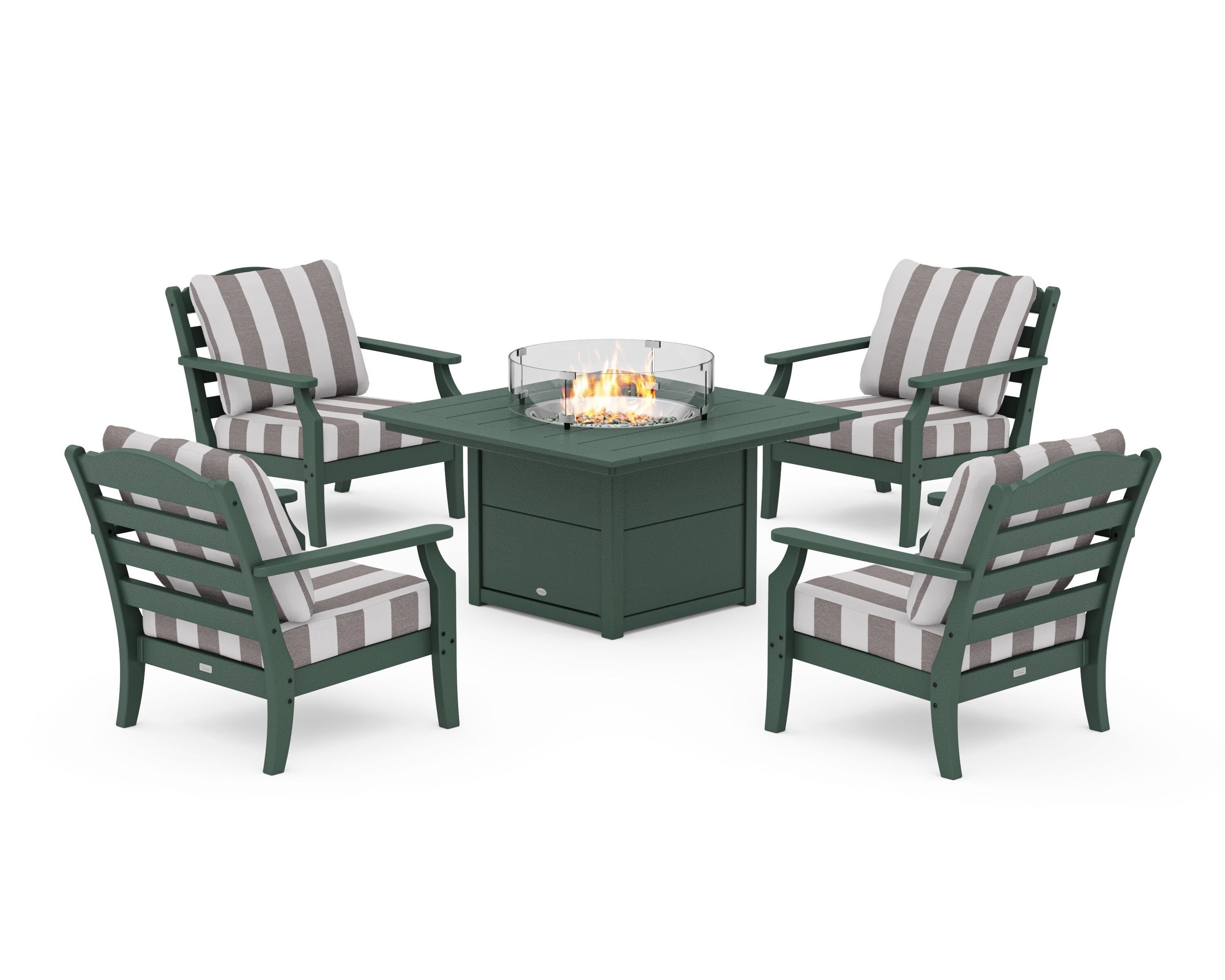 Draper James™ by POLYWOOD® Savannah 5-Piece Deep Seating Set with Fire Pit Table in Green / Cabana Stripe Grey Mist