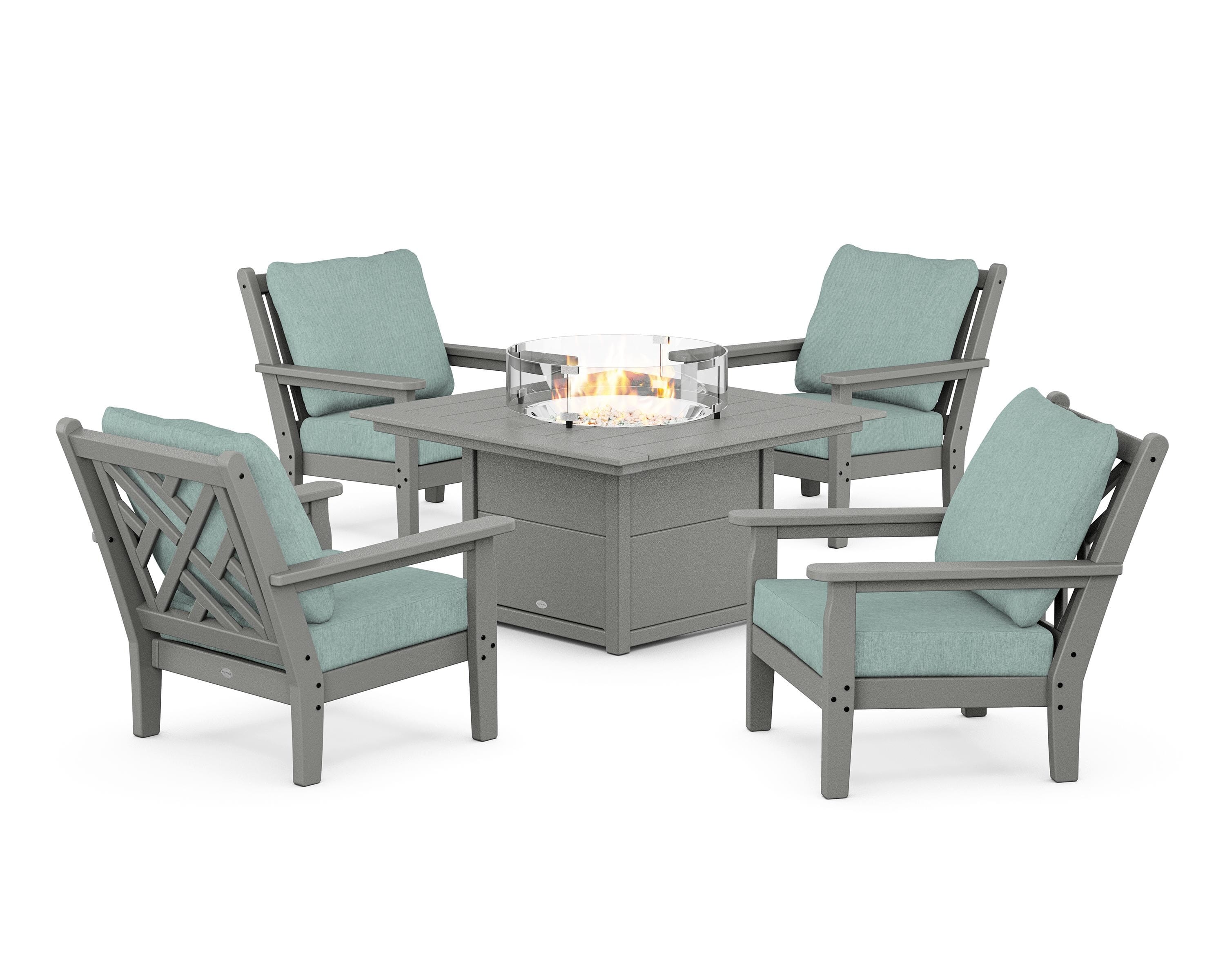 POLYWOOD® Chippendale 5-Piece Deep Seating Set with Fire Pit Table in Slate Grey / Glacier Spa