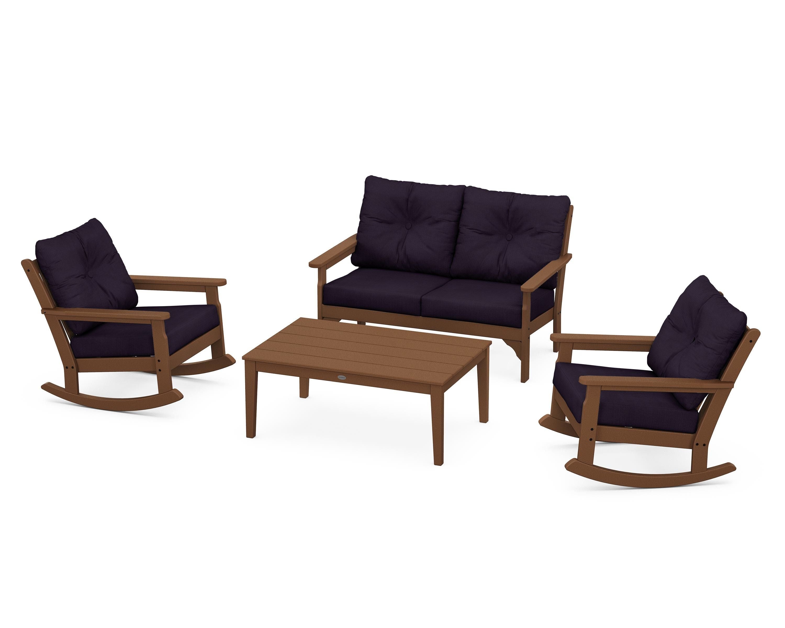 POLYWOOD® Vineyard 4-Piece Deep Seating Rocking Chair Set in Teak / Navy Linen