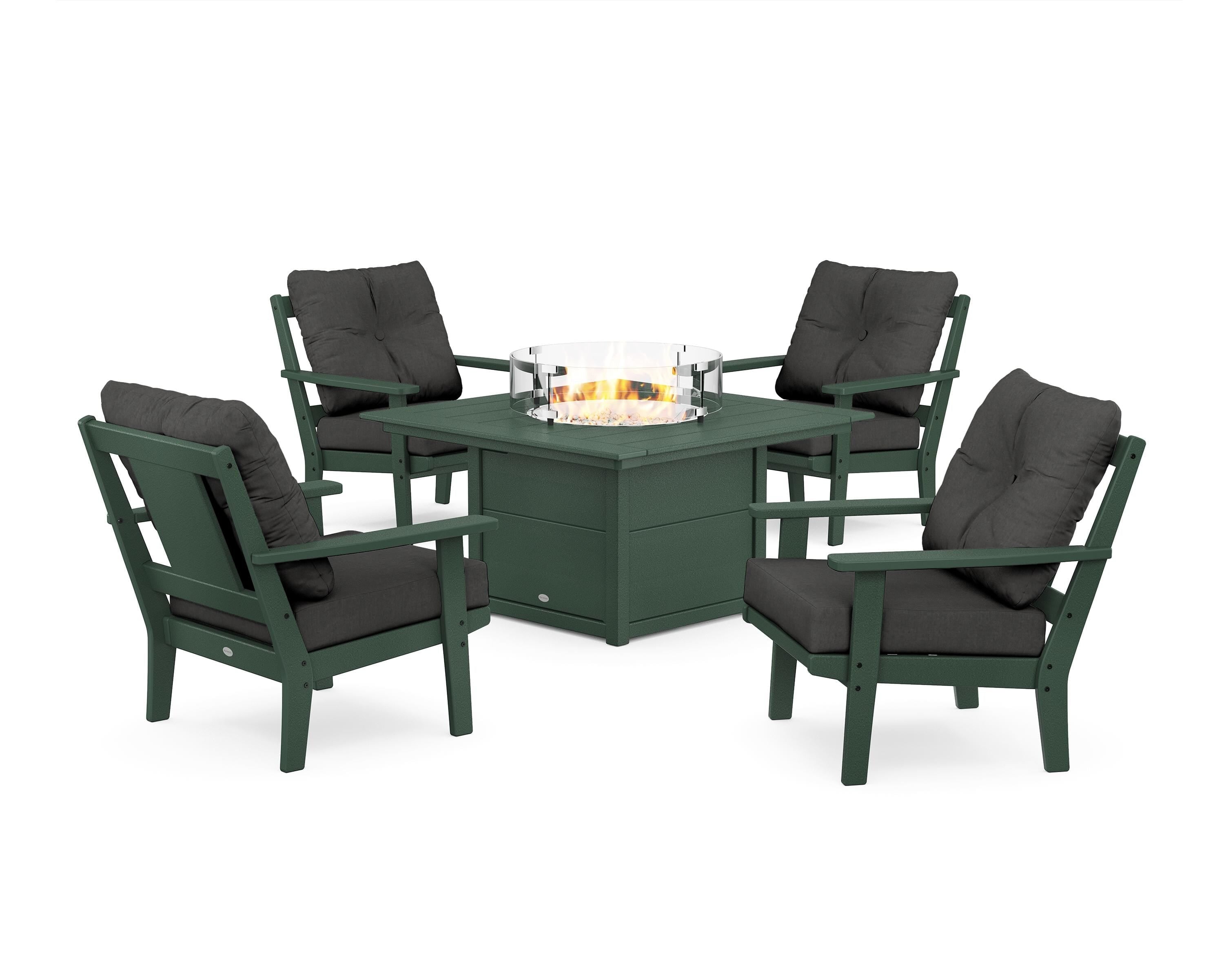 POLYWOOD® Prairie 5-Piece Deep Seating Set with Fire Pit Table in Green / Spectrum Carbon