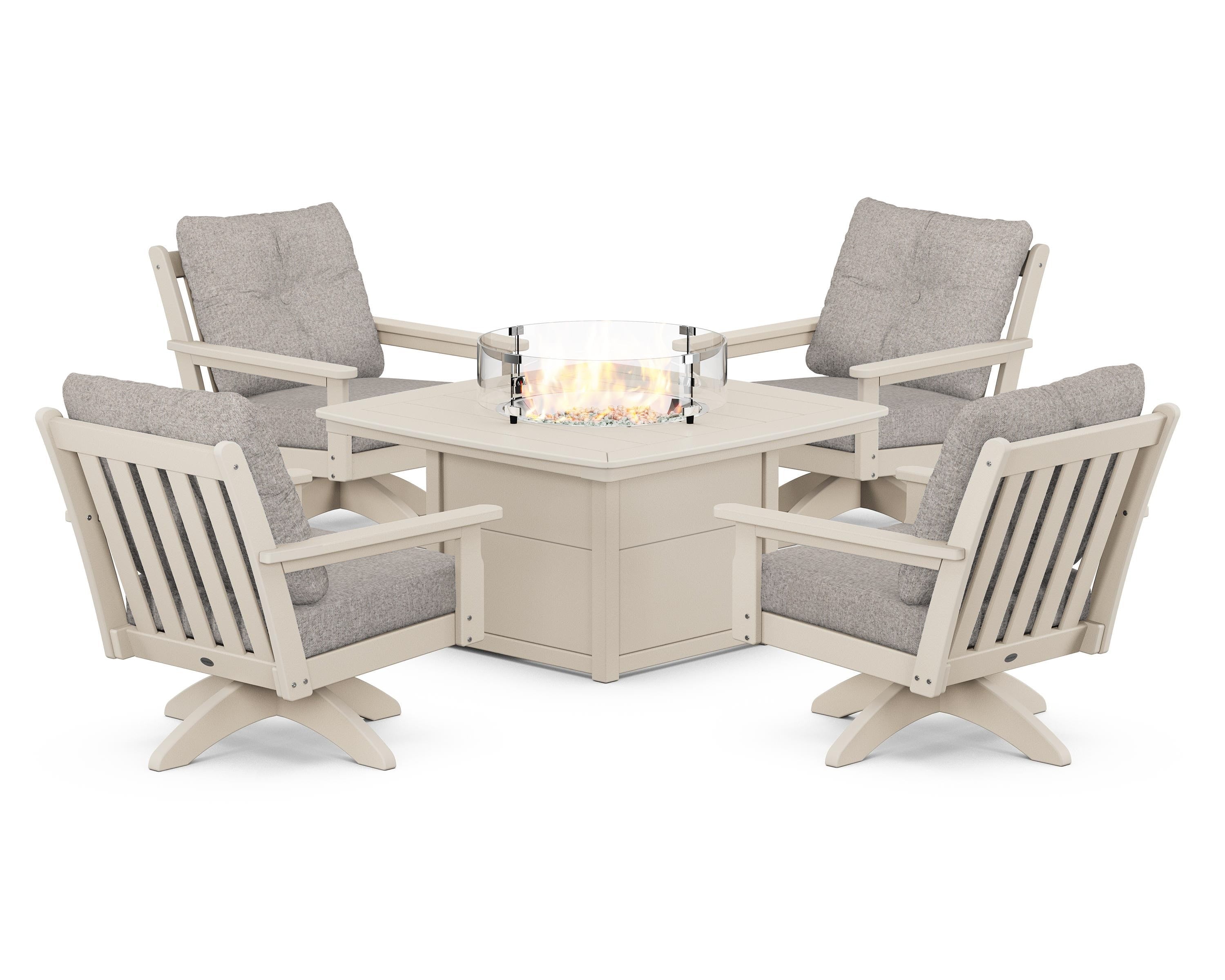 POLYWOOD® Vineyard 5-Piece Deep Seating Swivel Conversation Set with Fire Pit Table in Sand / Weathered Tweed