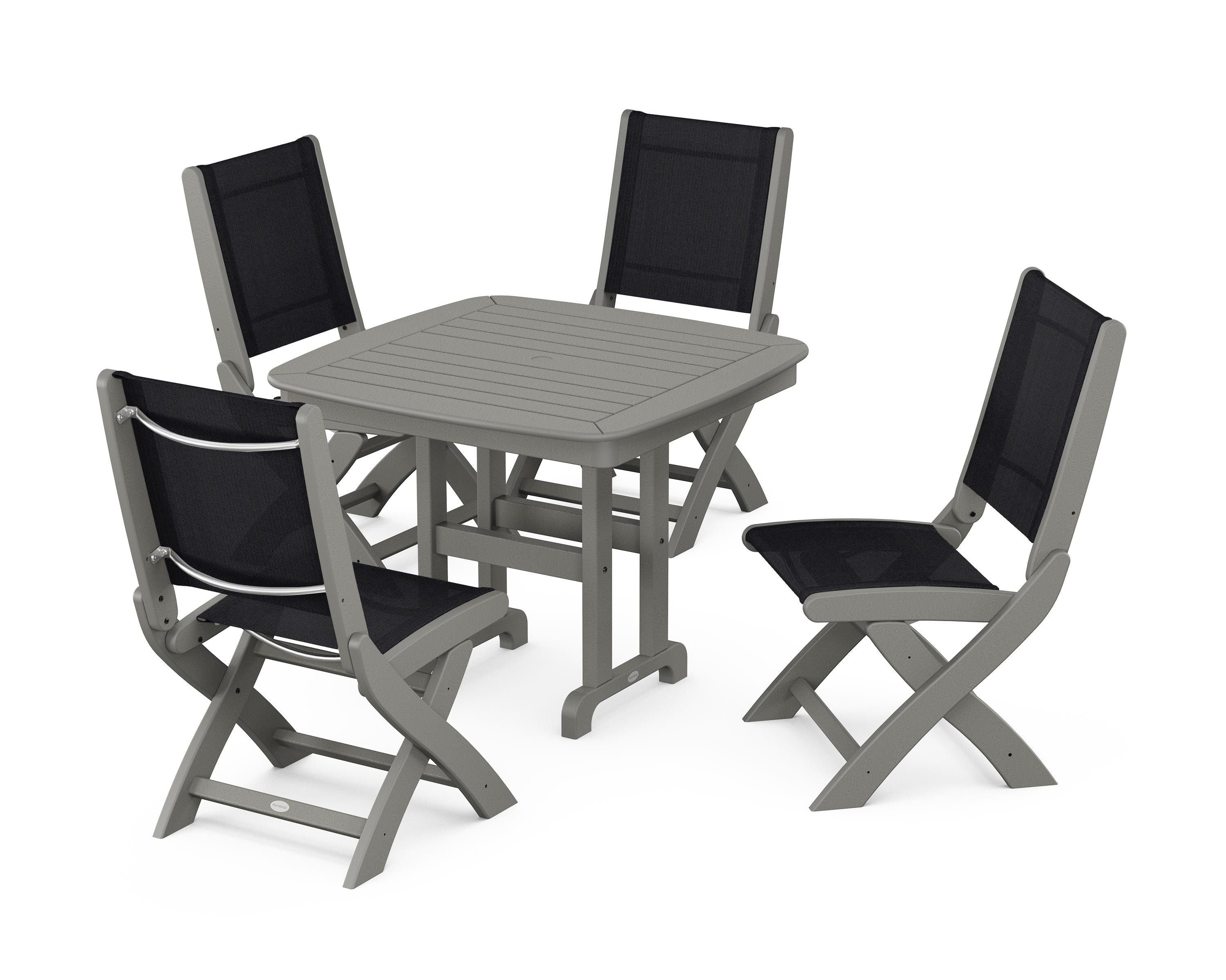 POLYWOOD® Coastal Folding Side Chair 5-Piece Dining Set in Slate Grey / Black Sling