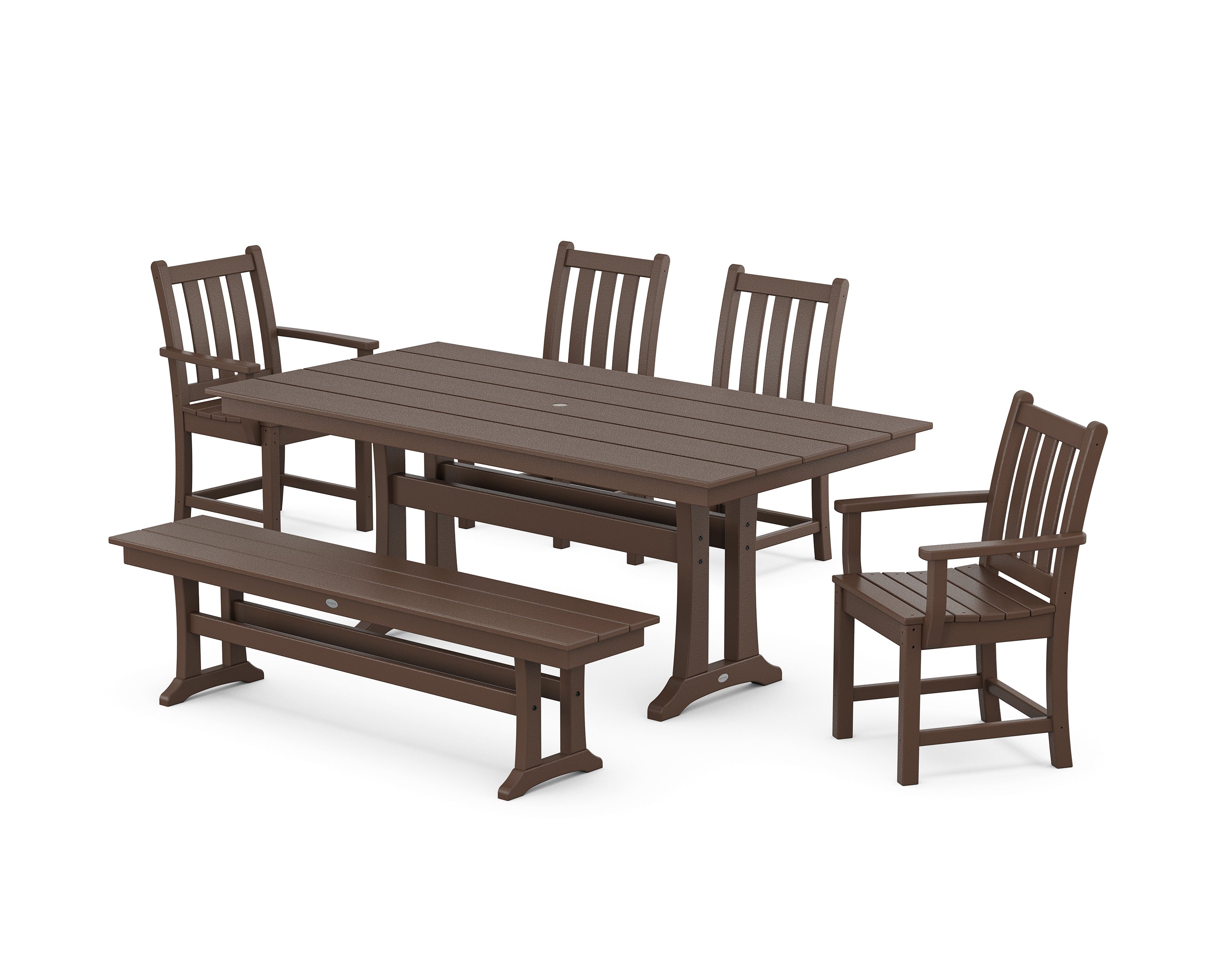 POLYWOOD® Traditional Garden 6-Piece Farmhouse Dining Set with Trestle Legs and Bench in Mahogany