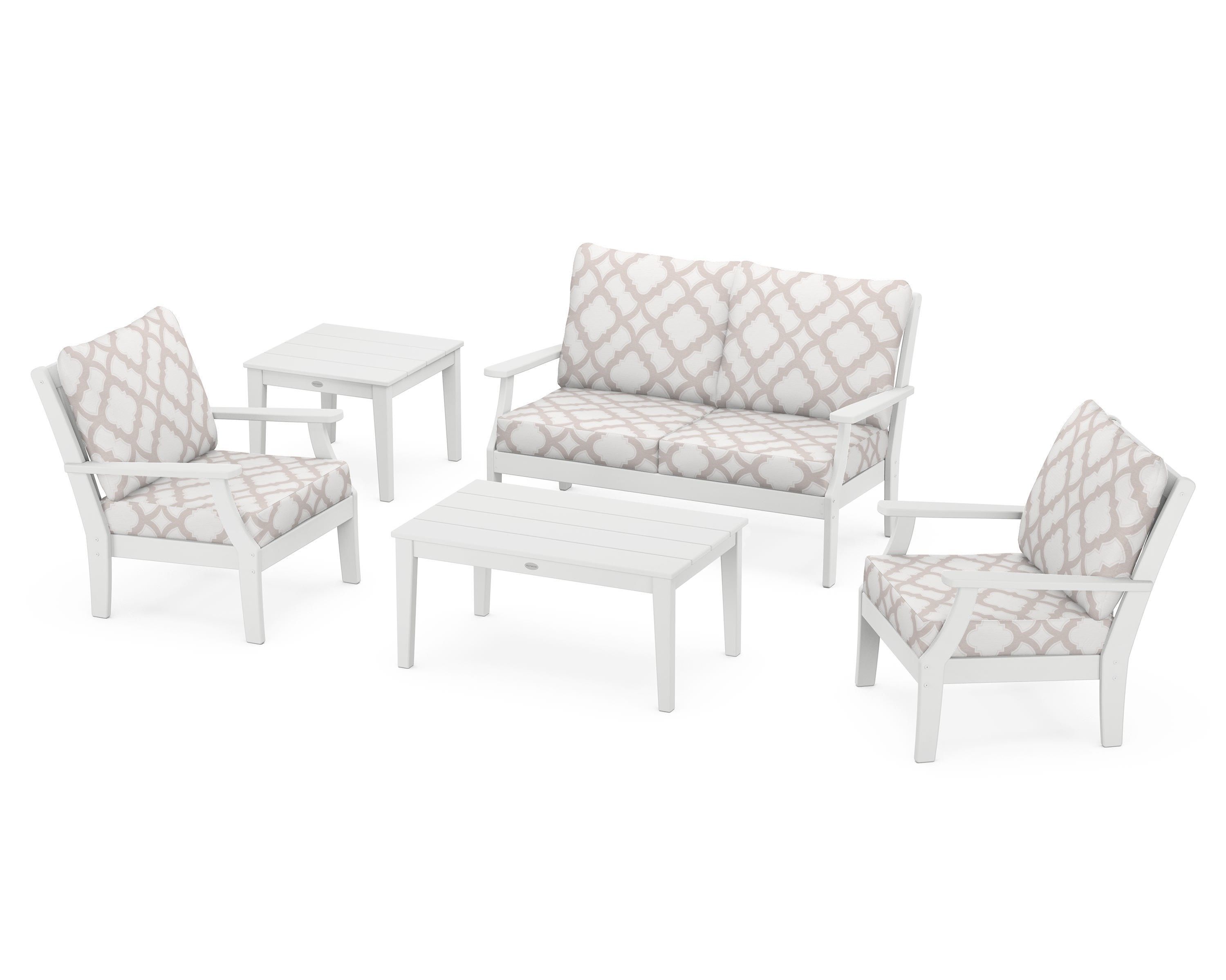 POLYWOOD® Braxton 5-Piece Deep Seating Set in White / Trellis Dune Burlap