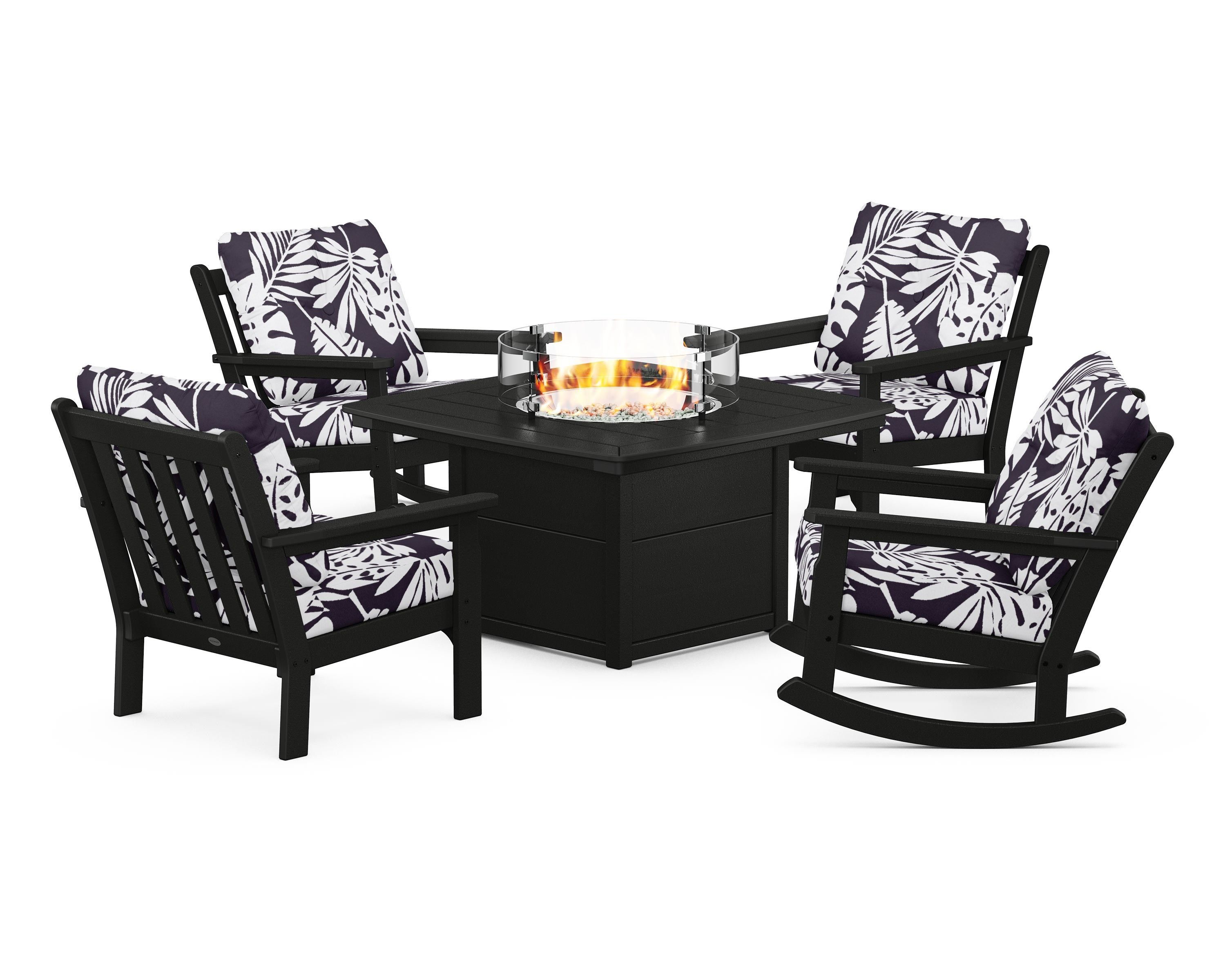 POLYWOOD® Vineyard 5-Piece Deep Seating Rocking Chair Conversation Set with Fire Pit Table in Black / Leaf Navy