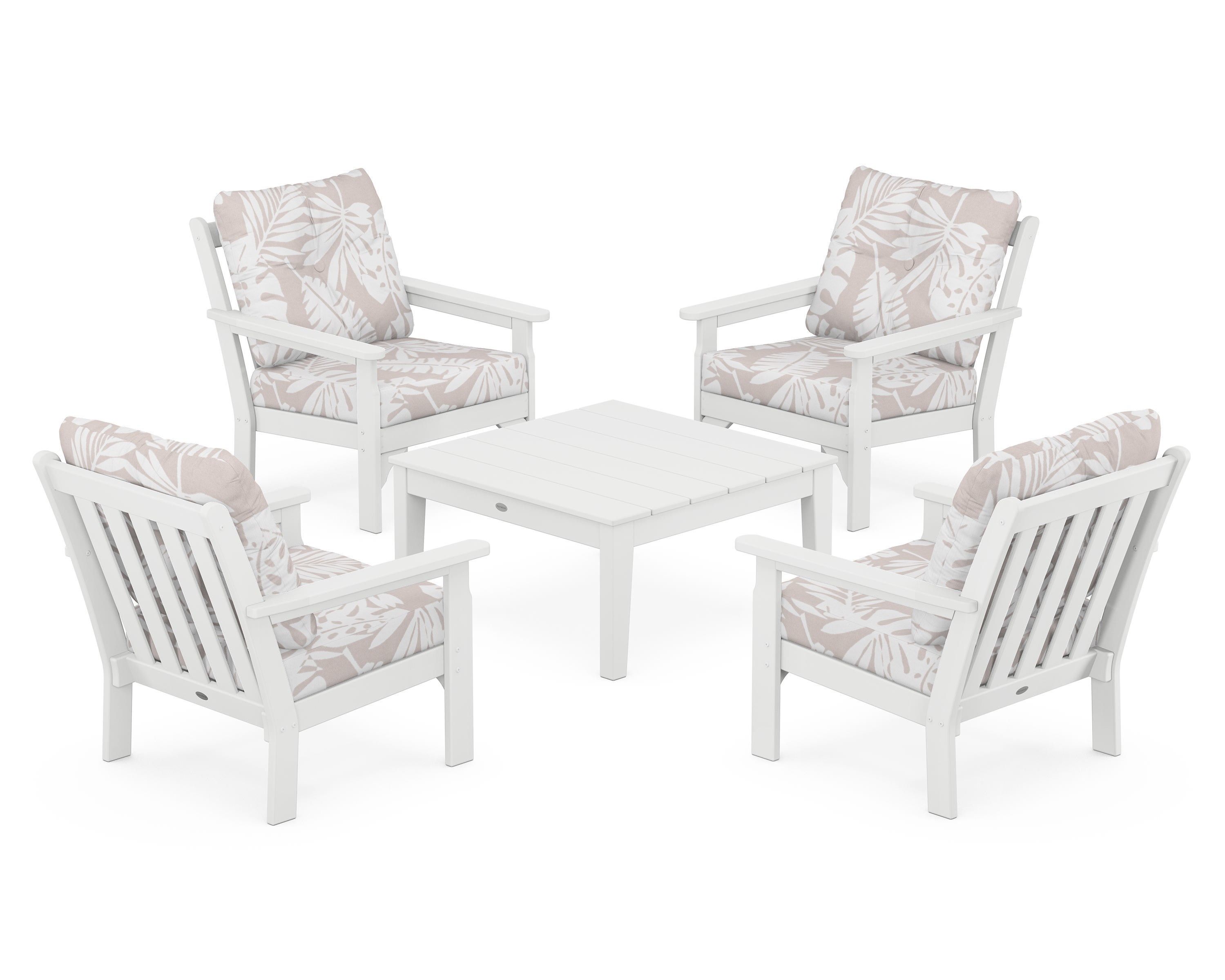 POLYWOOD® Vineyard 5-Piece Deep Seating Conversation Set in White / Leaf Dune Burlap