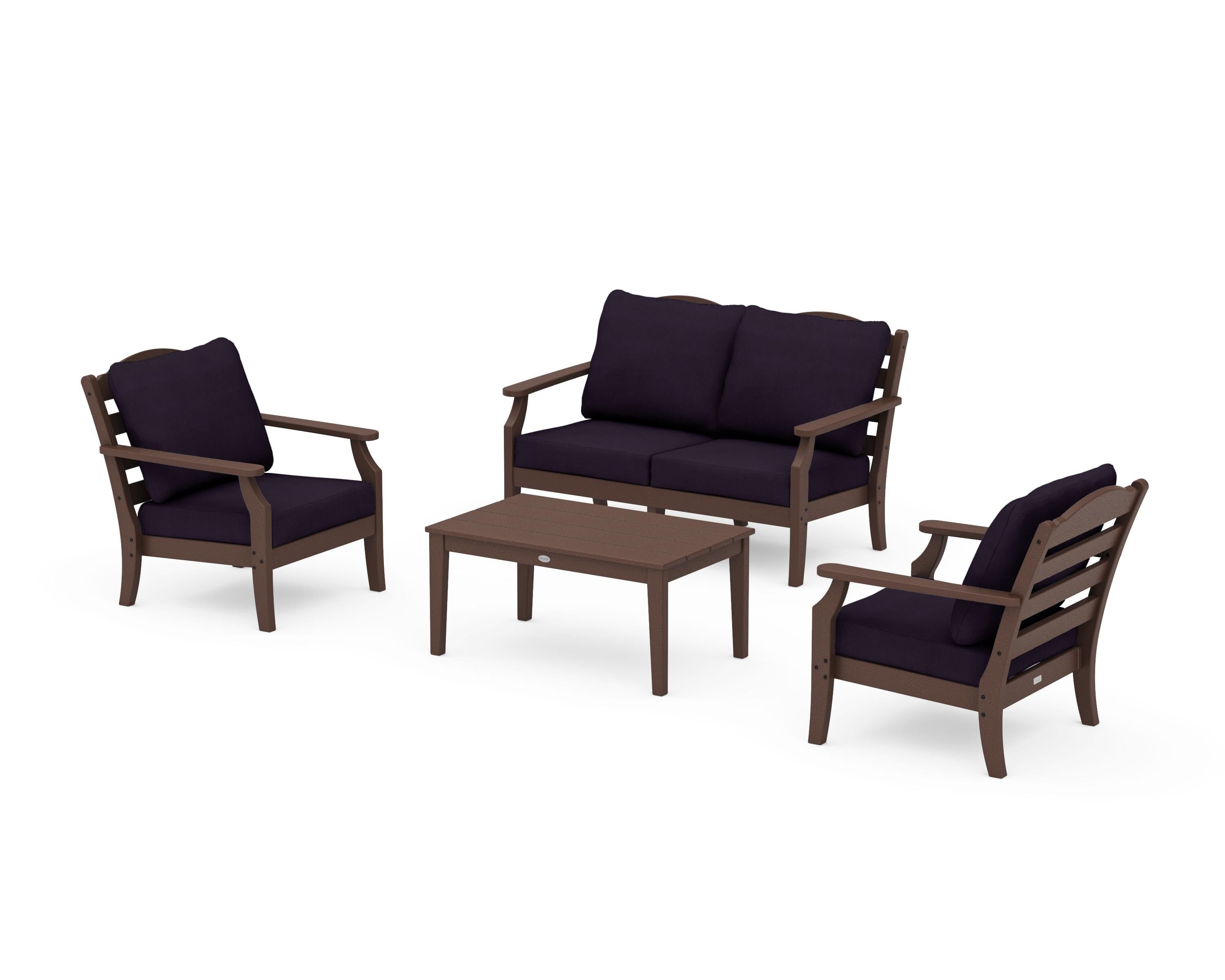 Draper James™ by POLYWOOD® Savannah 4-Piece Deep Seating Set with Loveseat in Mahogany / Navy Linen