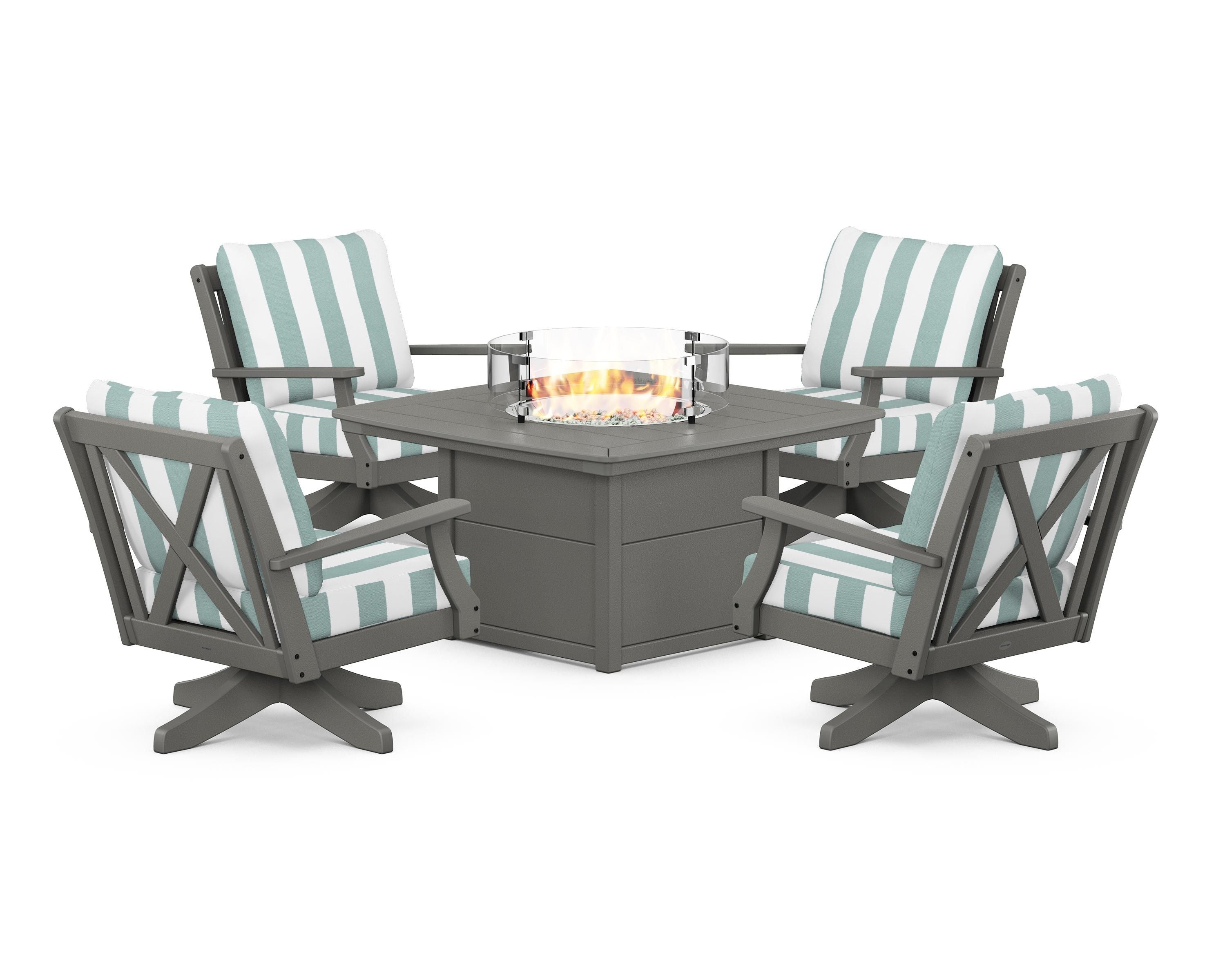 POLYWOOD® Braxton 5-Piece Deep Seating Swivel Conversation Set with Fire Pit Table in Slate Grey / Cabana Stripe Glacier Spa
