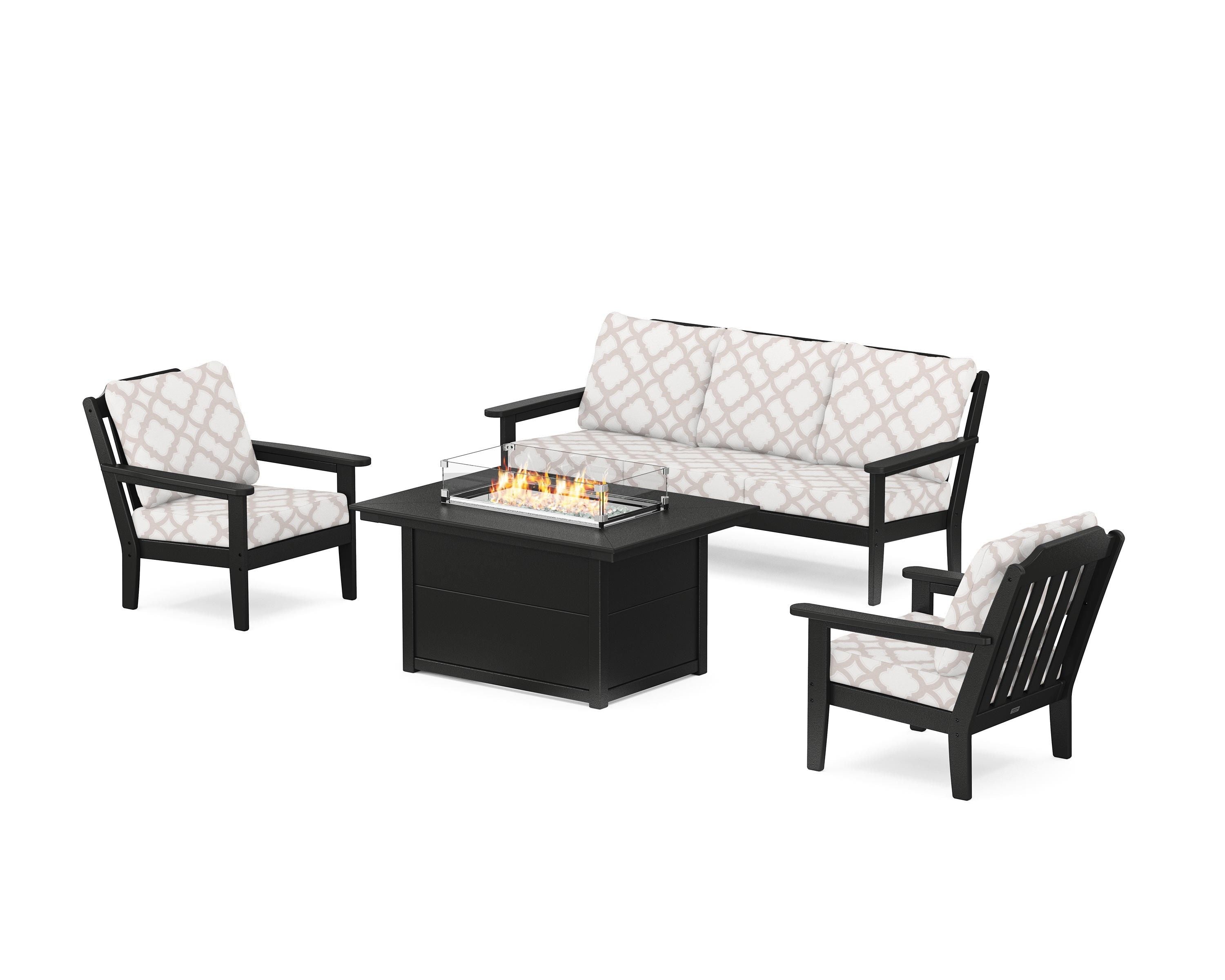 Country Living Cottage Deep Seating Fire Pit Table Set in Black / Trellis Dune Burlap