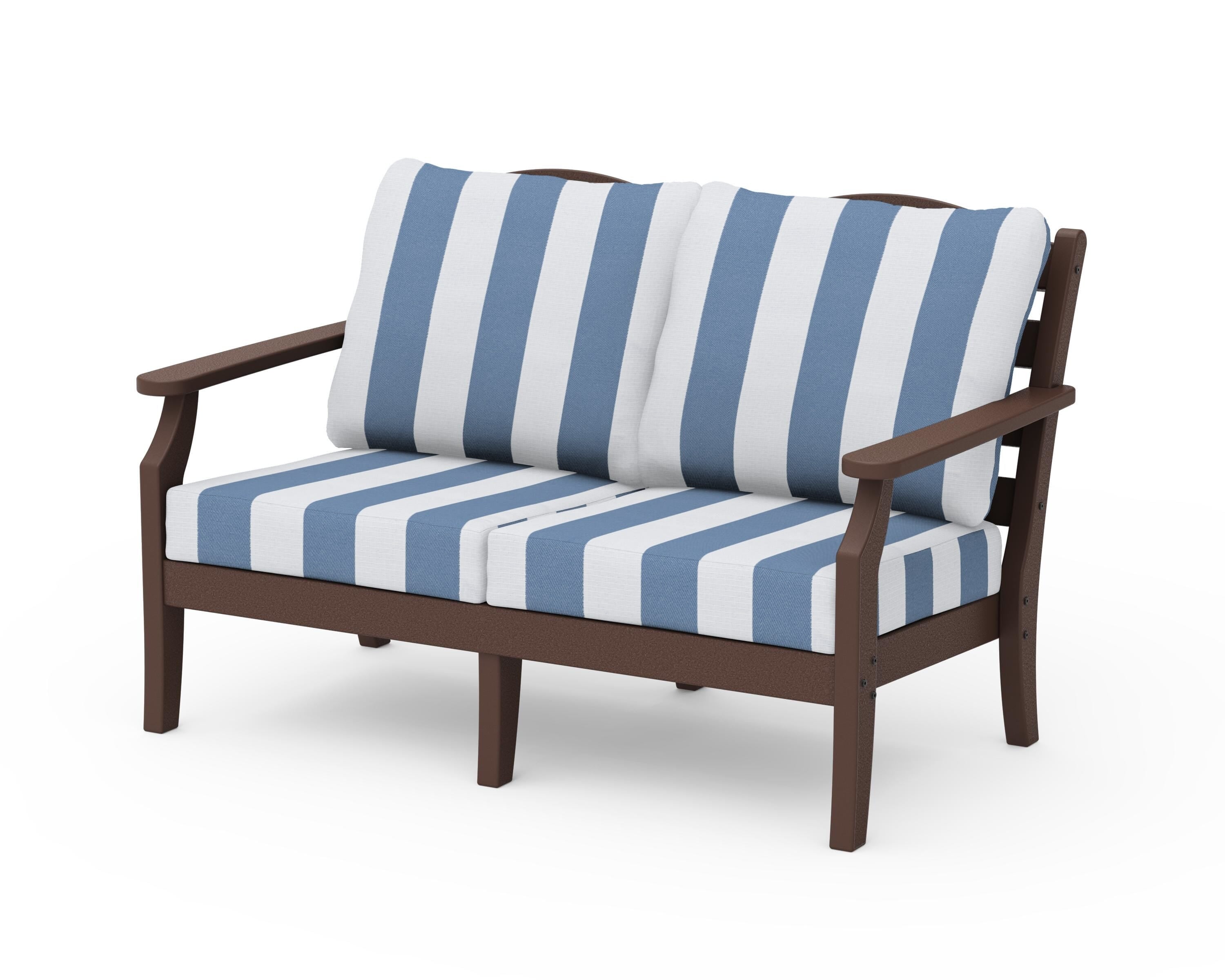 Draper James™ by POLYWOOD® Savannah Deep Seating Loveseat in Mahogany / Cabana Stripe Sky Blue