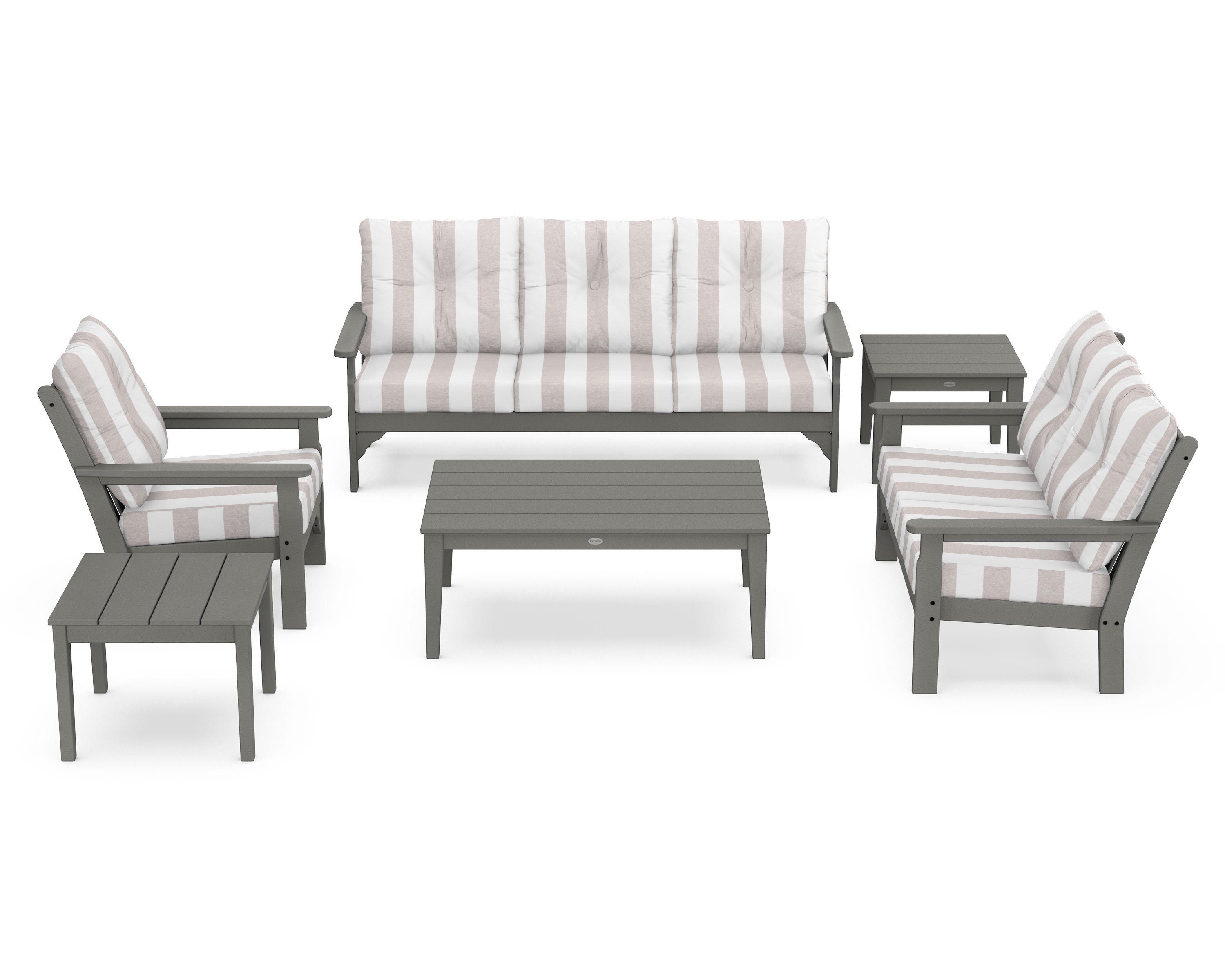POLYWOOD® Vineyard 6-Piece Deep Seating Set in Slate Grey / Cabana Stripe Dune Burlap