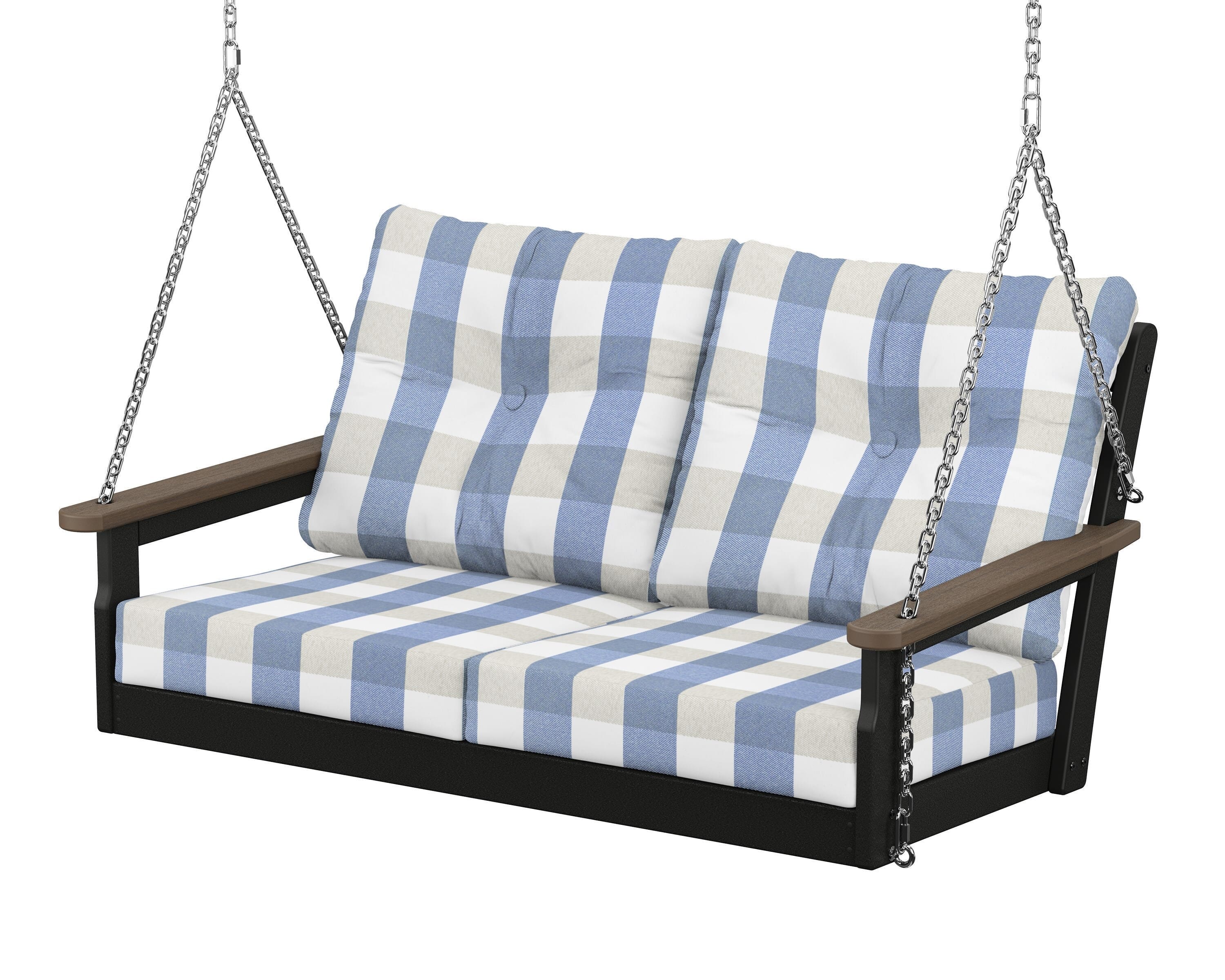 POLYWOOD® Vineyard Deep Seating Swing in Black / Kona / Buffalo Plaid Sky Blue