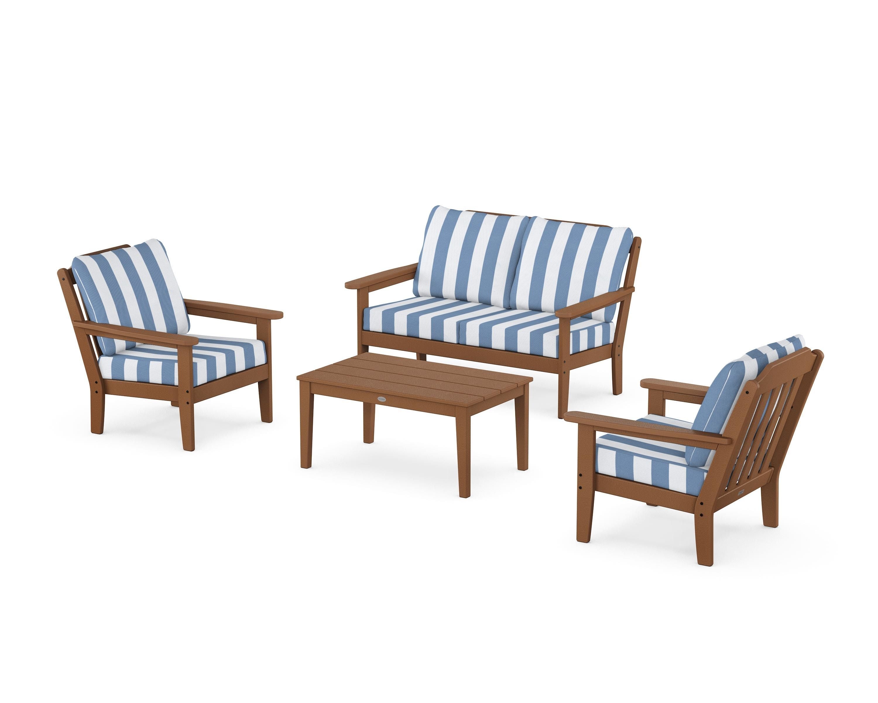 Country Living Cottage 4-Piece Deep Seating Set with Loveseat in Teak / Cabana Stripe Sky Blue