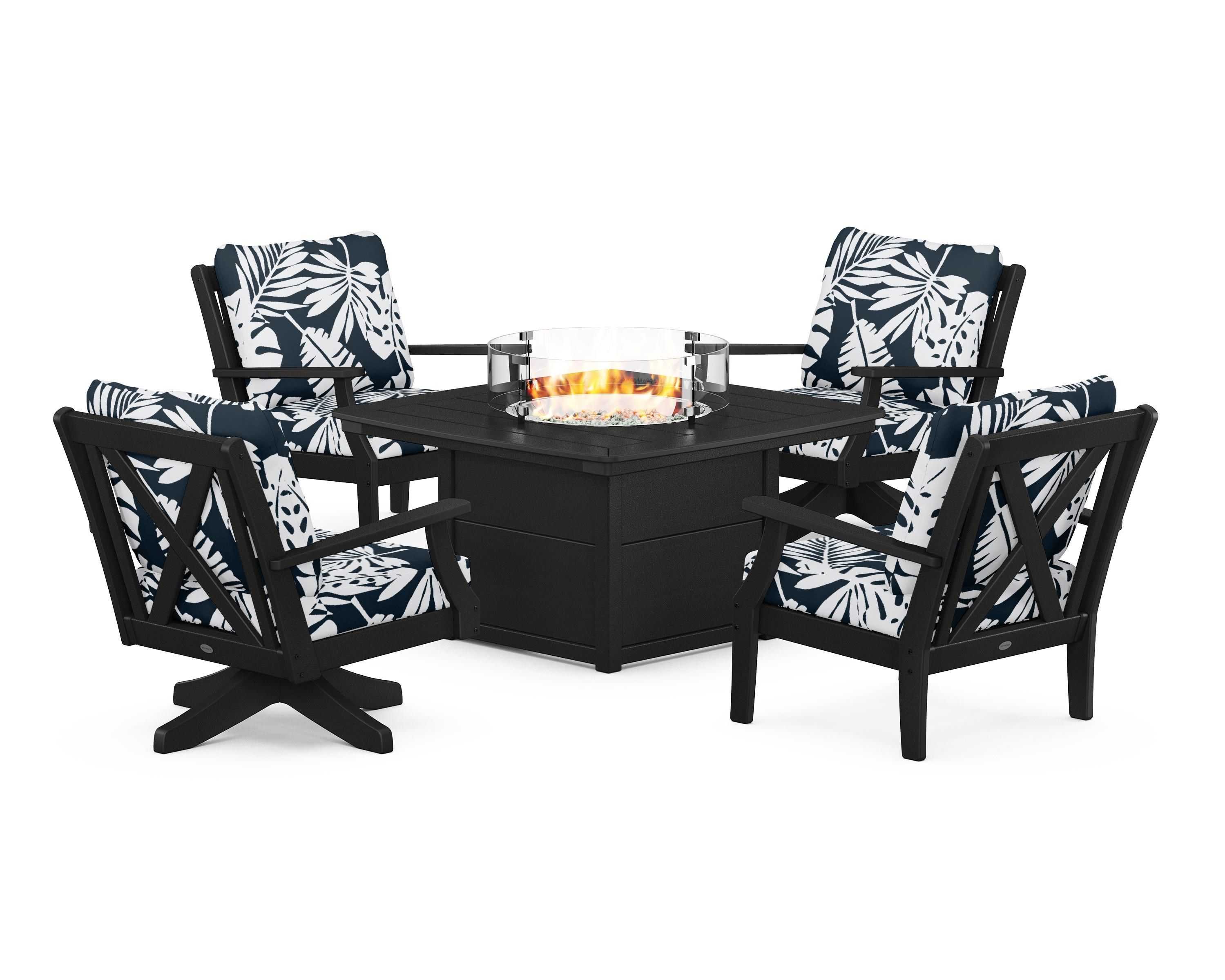 POLYWOOD® Braxton 5-Piece Deep Seating Set with Fire Table in Black / Leaf Marine Indigo
