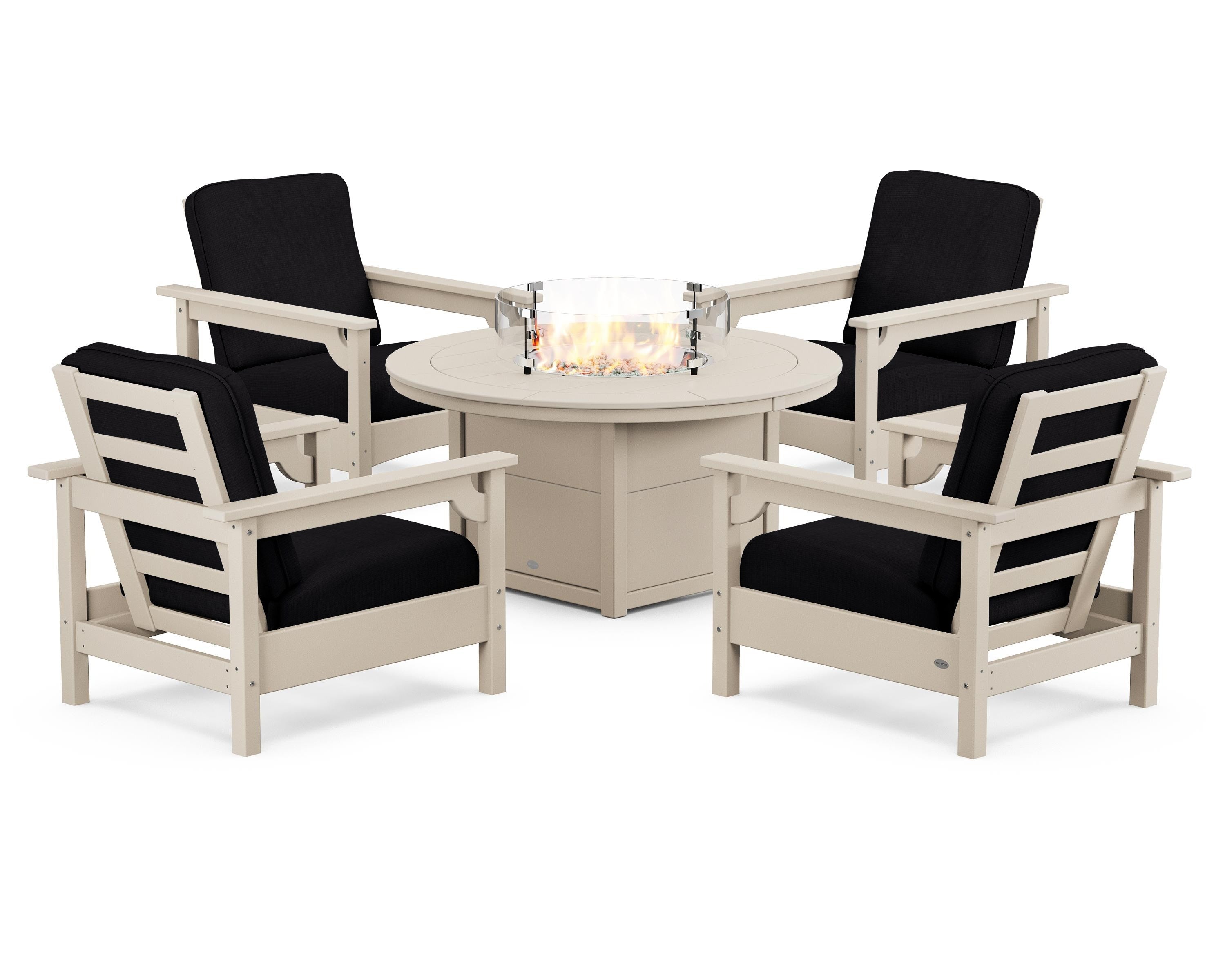 POLYWOOD® Club 5-Piece Conversation Set with Fire Pit Table in Sand / Midnight Linen