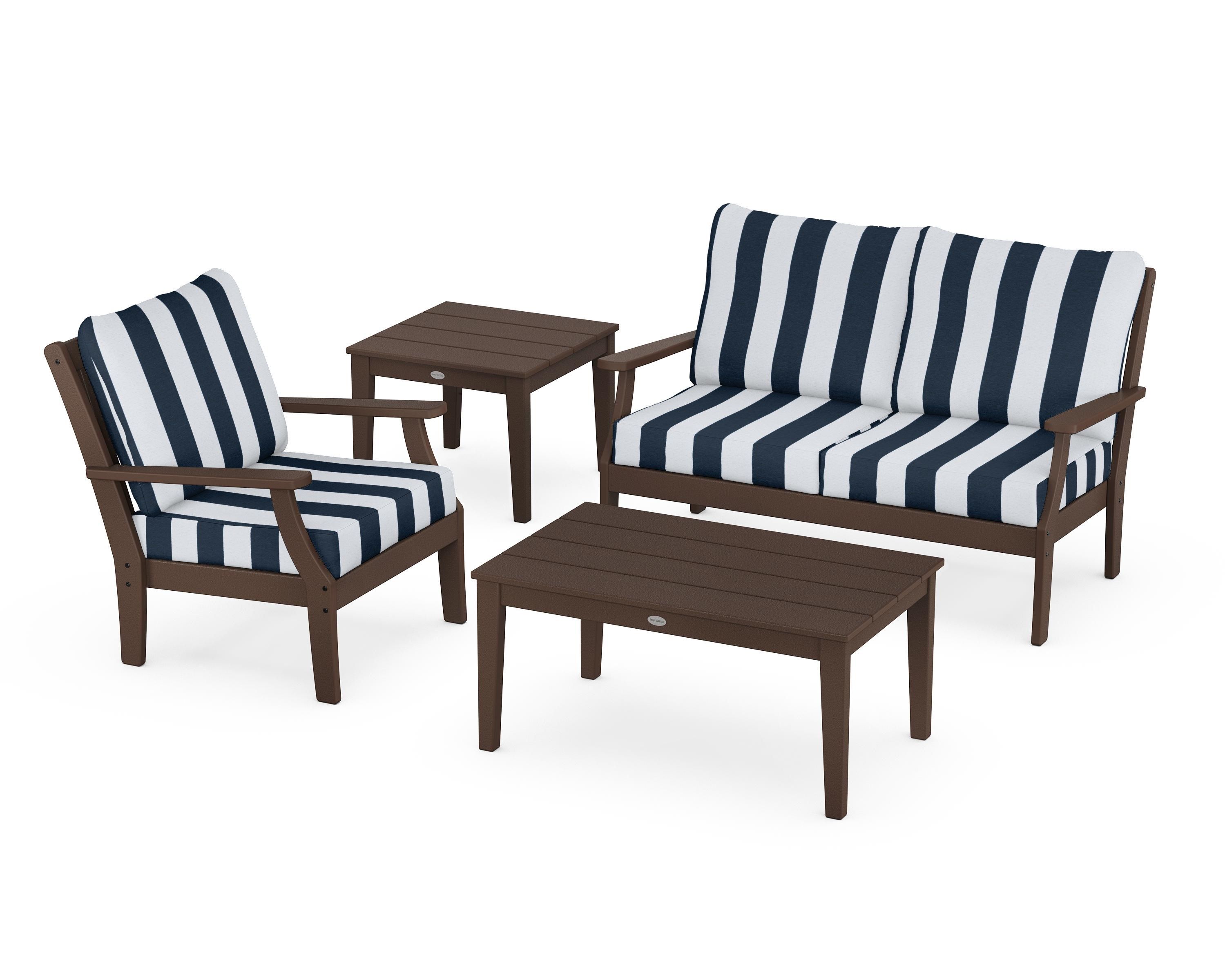 POLYWOOD® Braxton 4-Piece Deep Seating Set in Mahogany / Cabana Stripe Marine Indigo