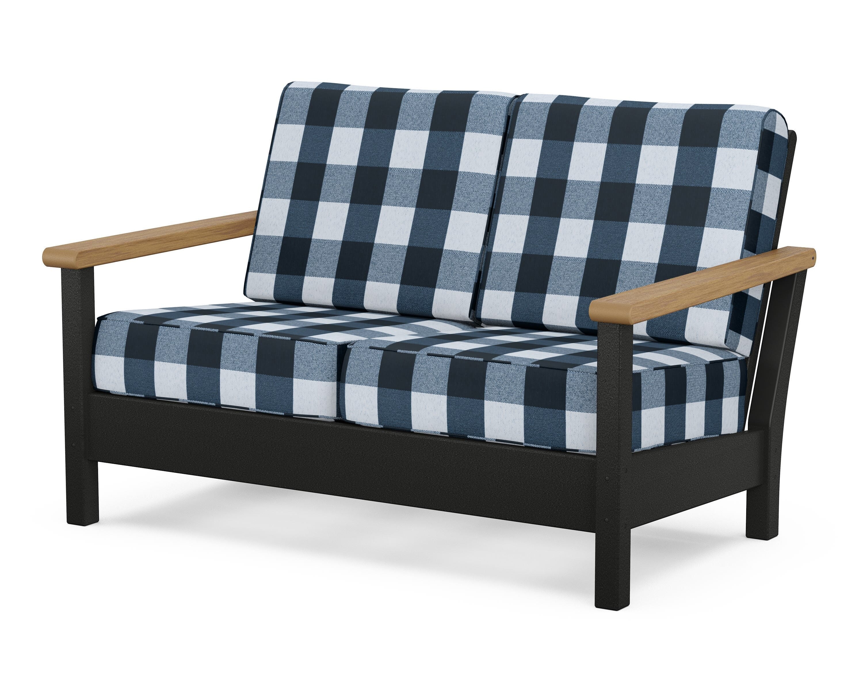 POLYWOOD® Harbour Deep Seating Loveseat in Black / Natural / Buffalo Plaid Marine Indigo