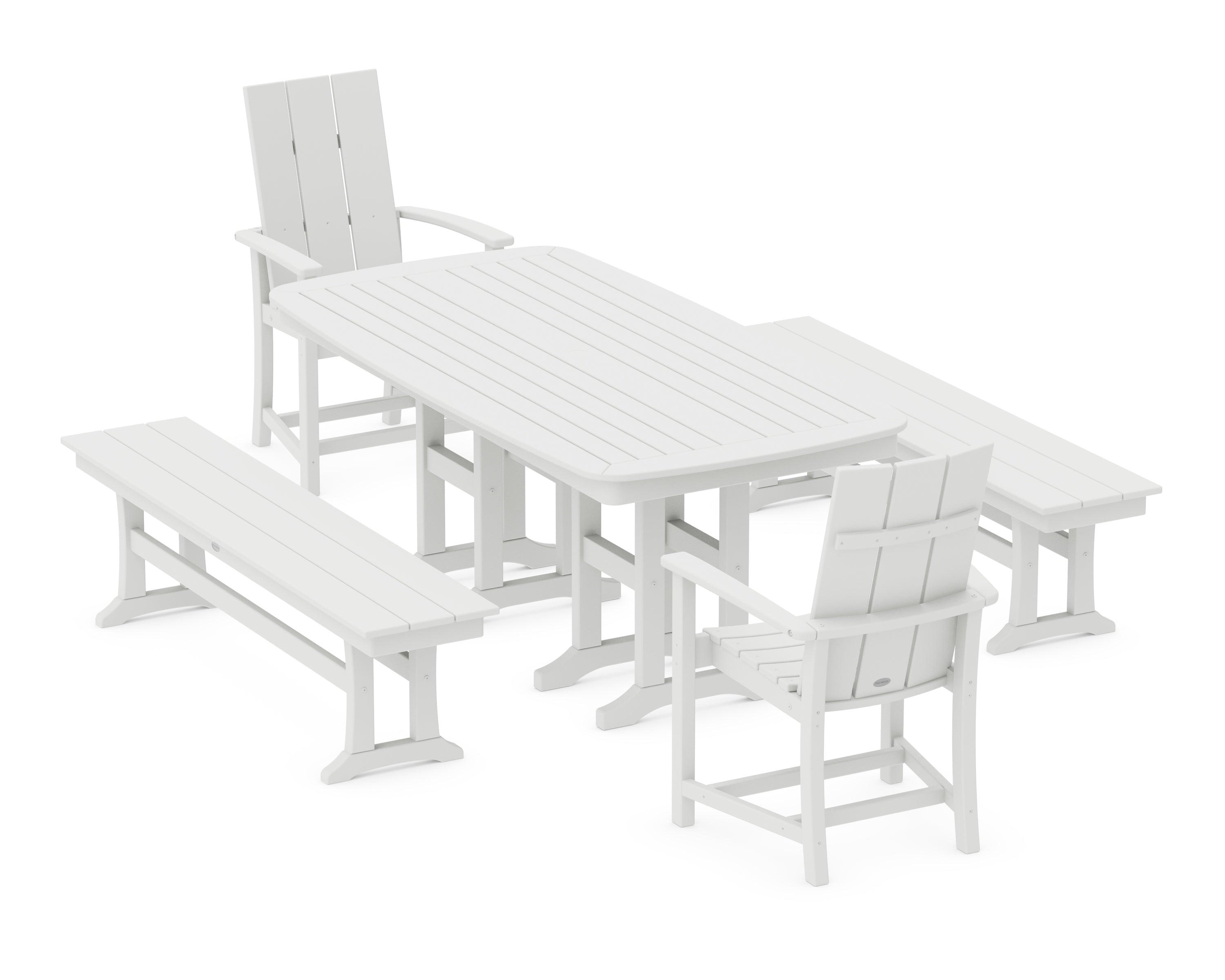 POLYWOOD® Modern Adirondack 5-Piece Farmhouse Dining Set with Benches in White