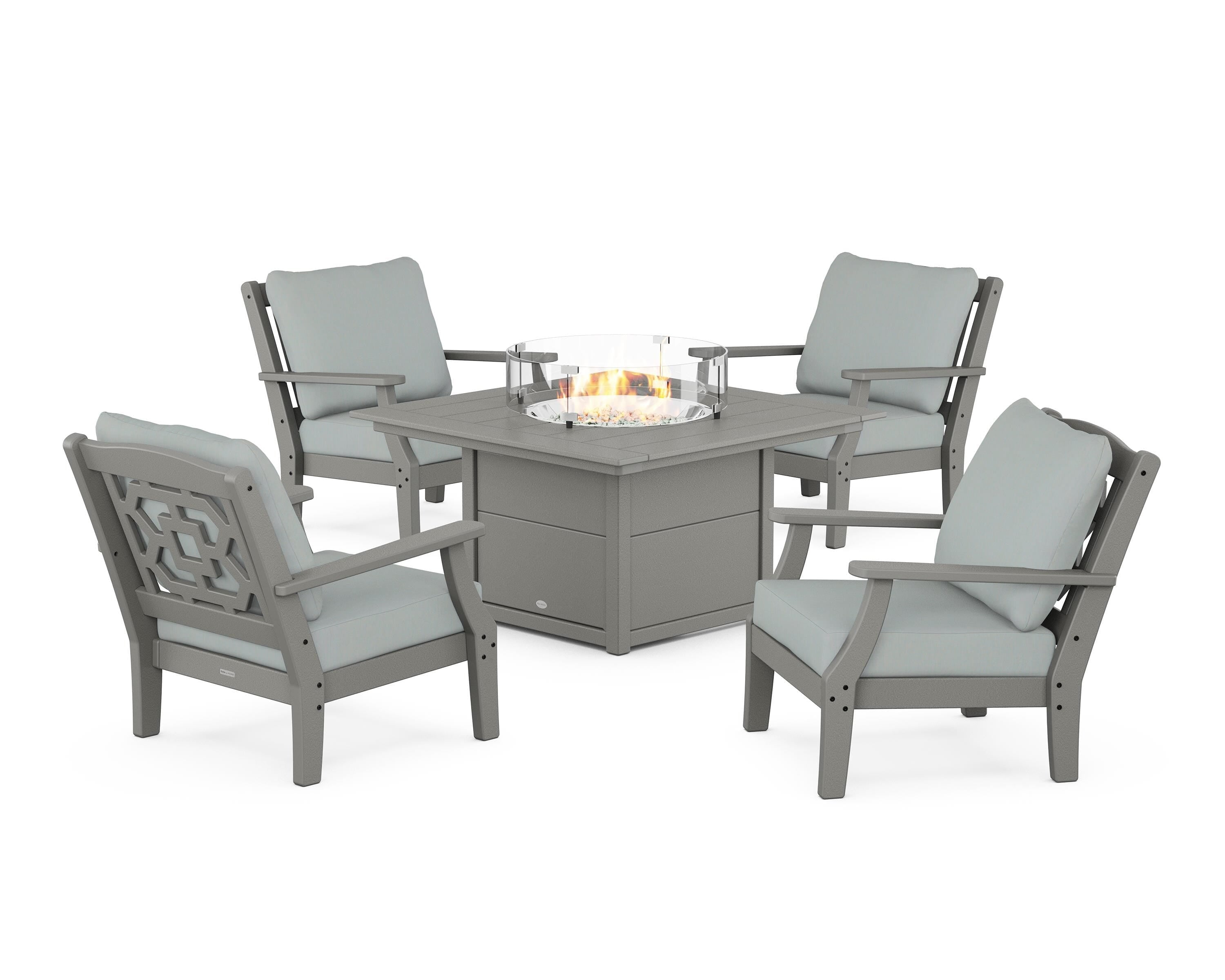 Martha Stewart by POLYWOOD® Chinoiserie 5-Piece Deep Seating Set with Fire Pit Table in Slate Grey / Spa