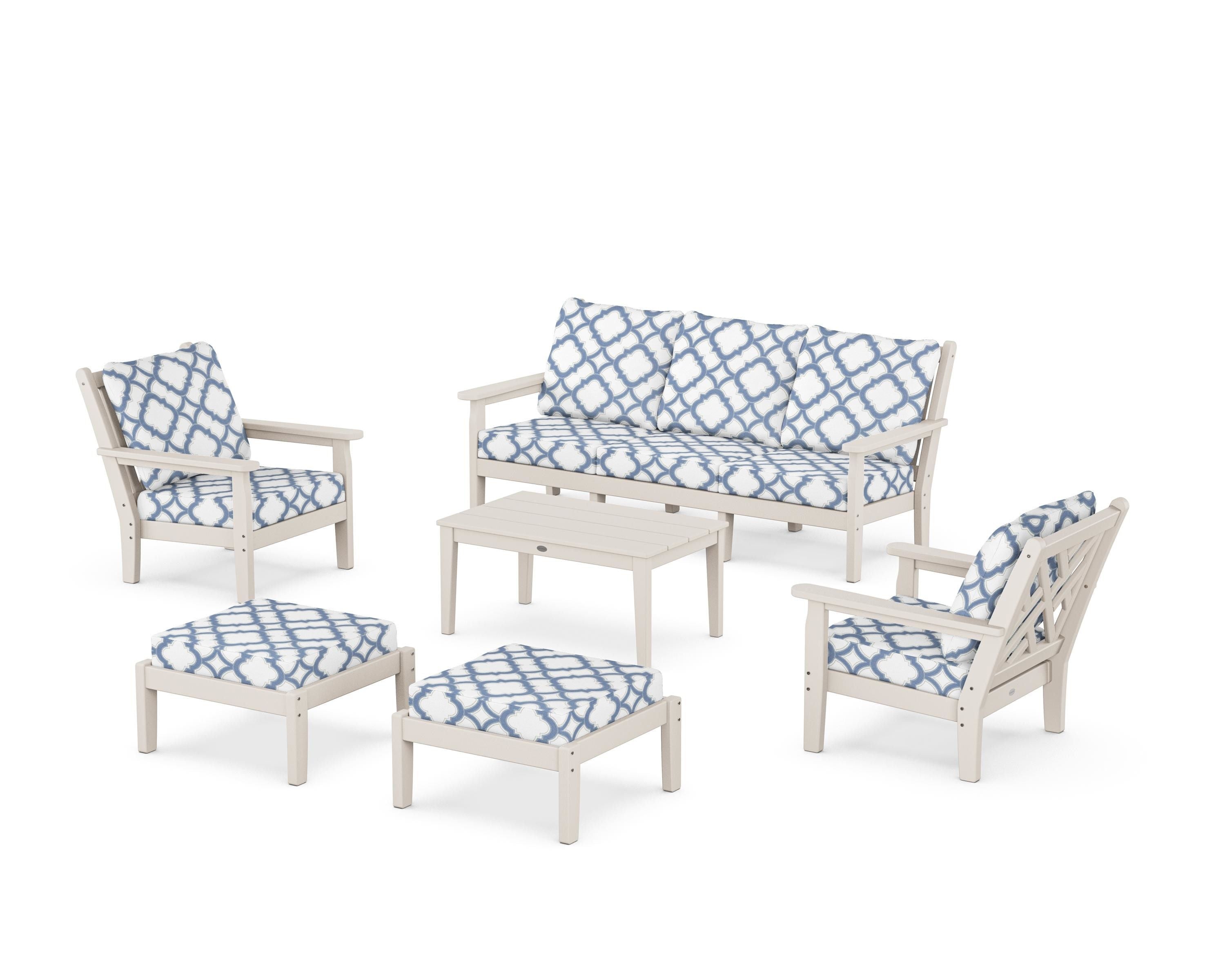 POLYWOOD® Chippendale 6-Piece Lounge Sofa Set in Sand / Trellis Sky Blue