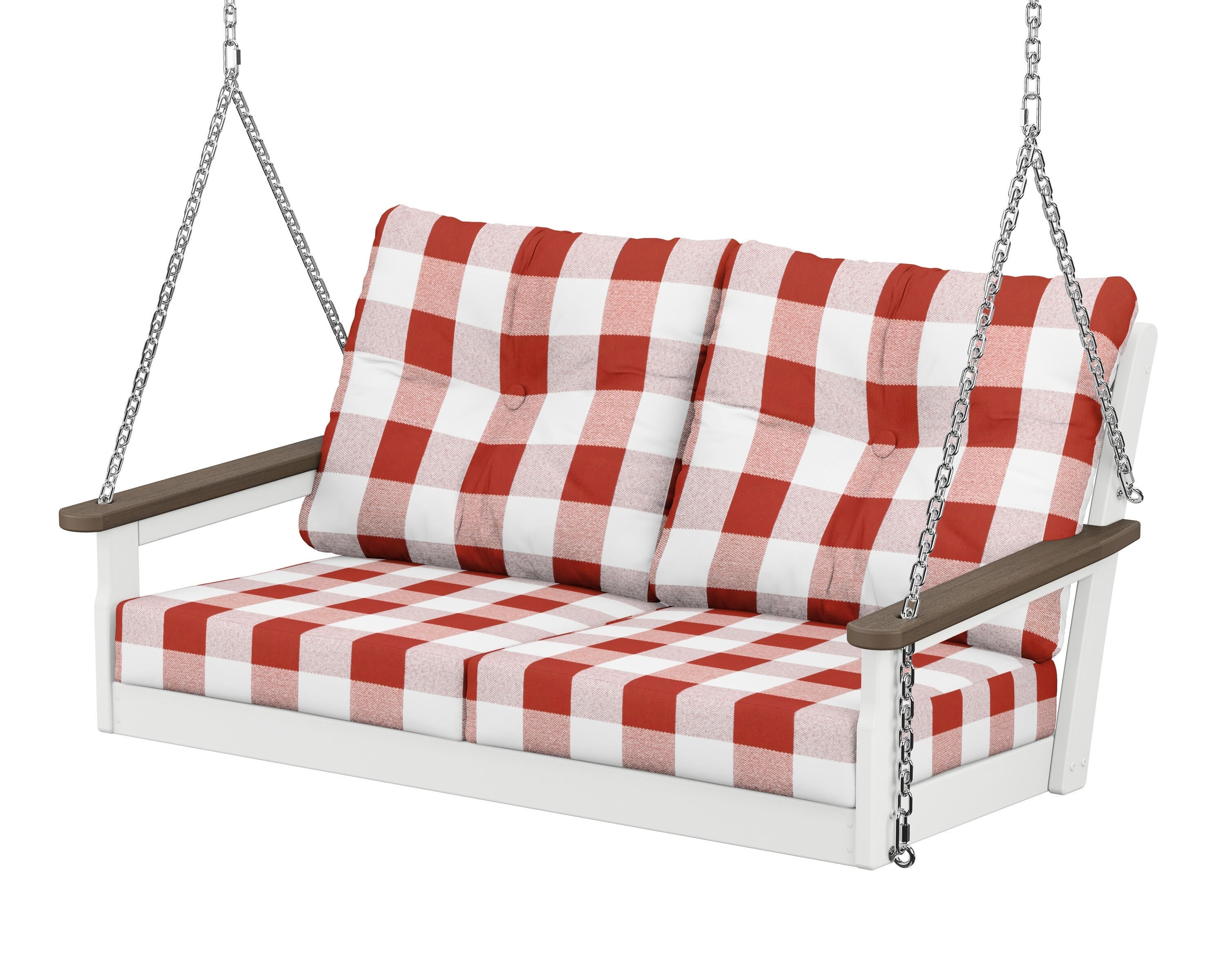 POLYWOOD® Vineyard Deep Seating Swing in White / Kona / Buffalo Plaid Crimson