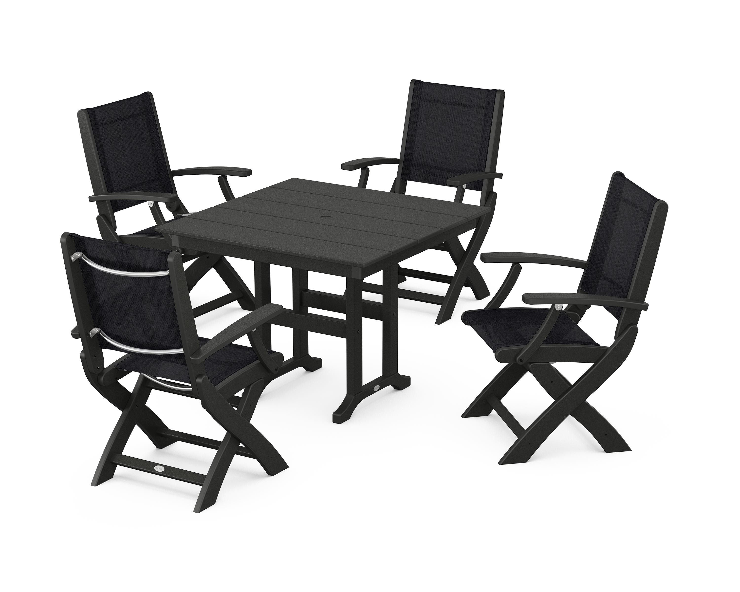 POLYWOOD® Coastal Folding Chair 5-Piece Farmhouse Dining Set in Black / Black Sling