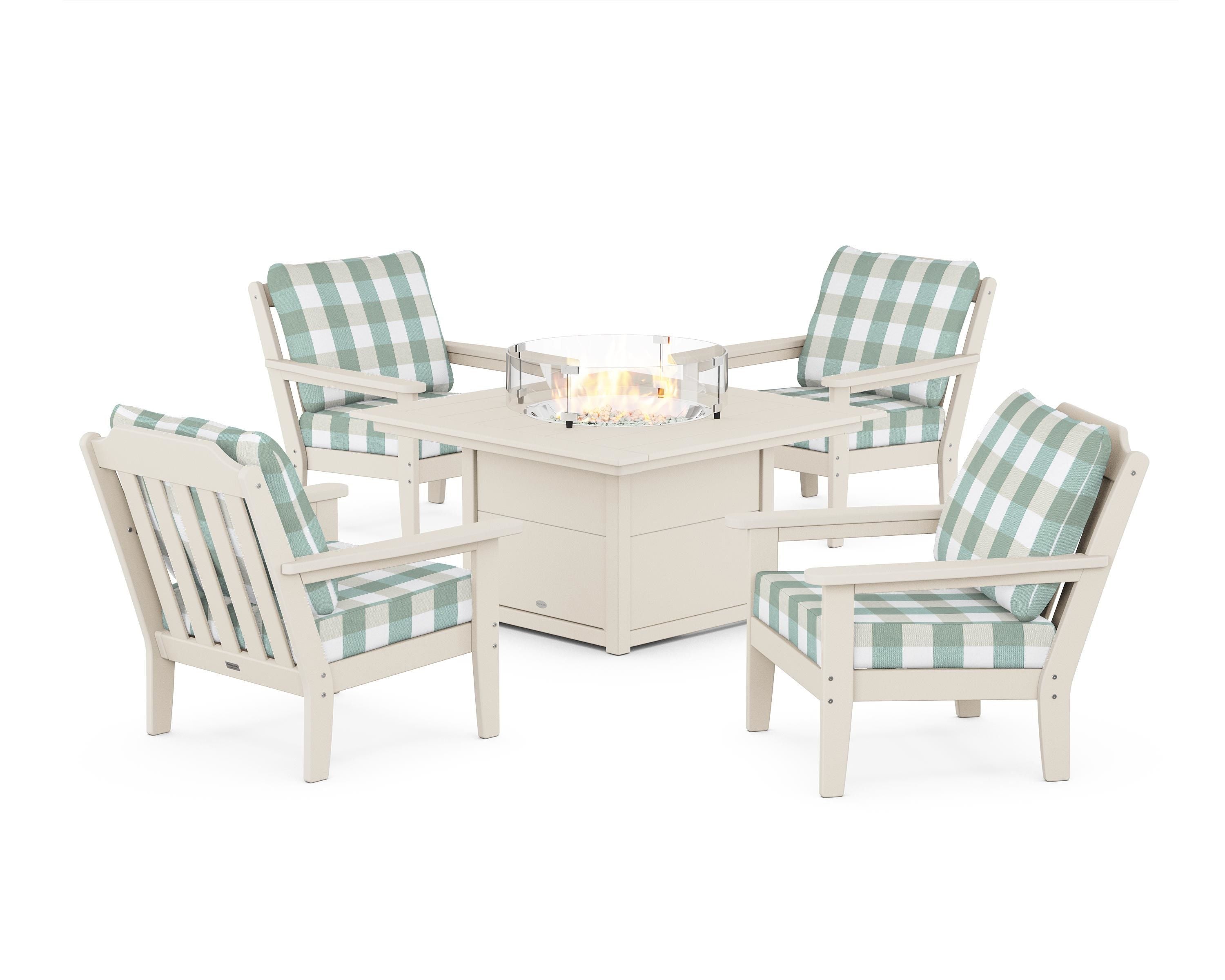 Country Living Cottage 5-Piece Deep Seating Set with Fire Pit Table in Sand / Buffalo Plaid Glacier Spa
