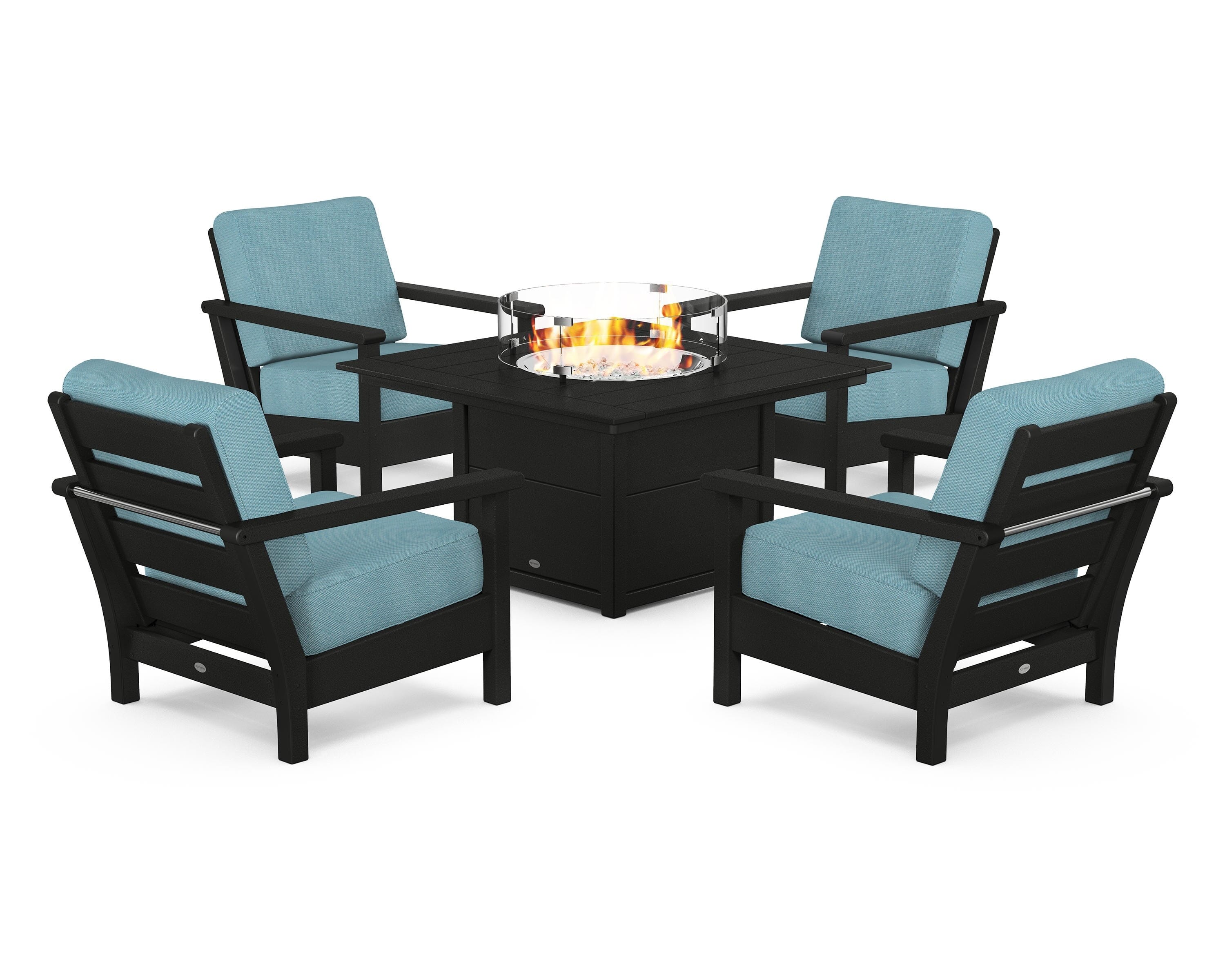 POLYWOOD® Harbour 5-Piece Conversation Set with Fire Pit Table in Black / Lattice Sky Blue