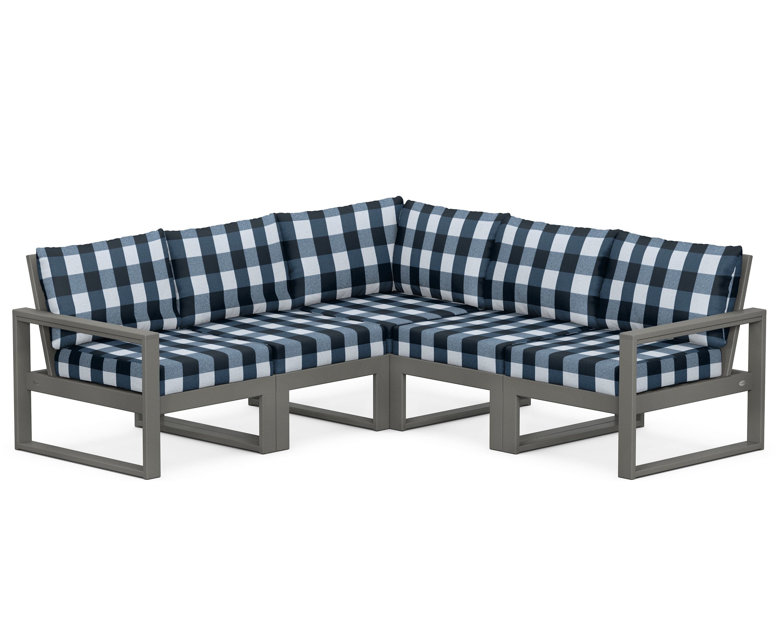 POLYWOOD® EDGE 5-Piece Modular Deep Seating Set in Slate Grey / Buffalo Plaid Marine Indigo