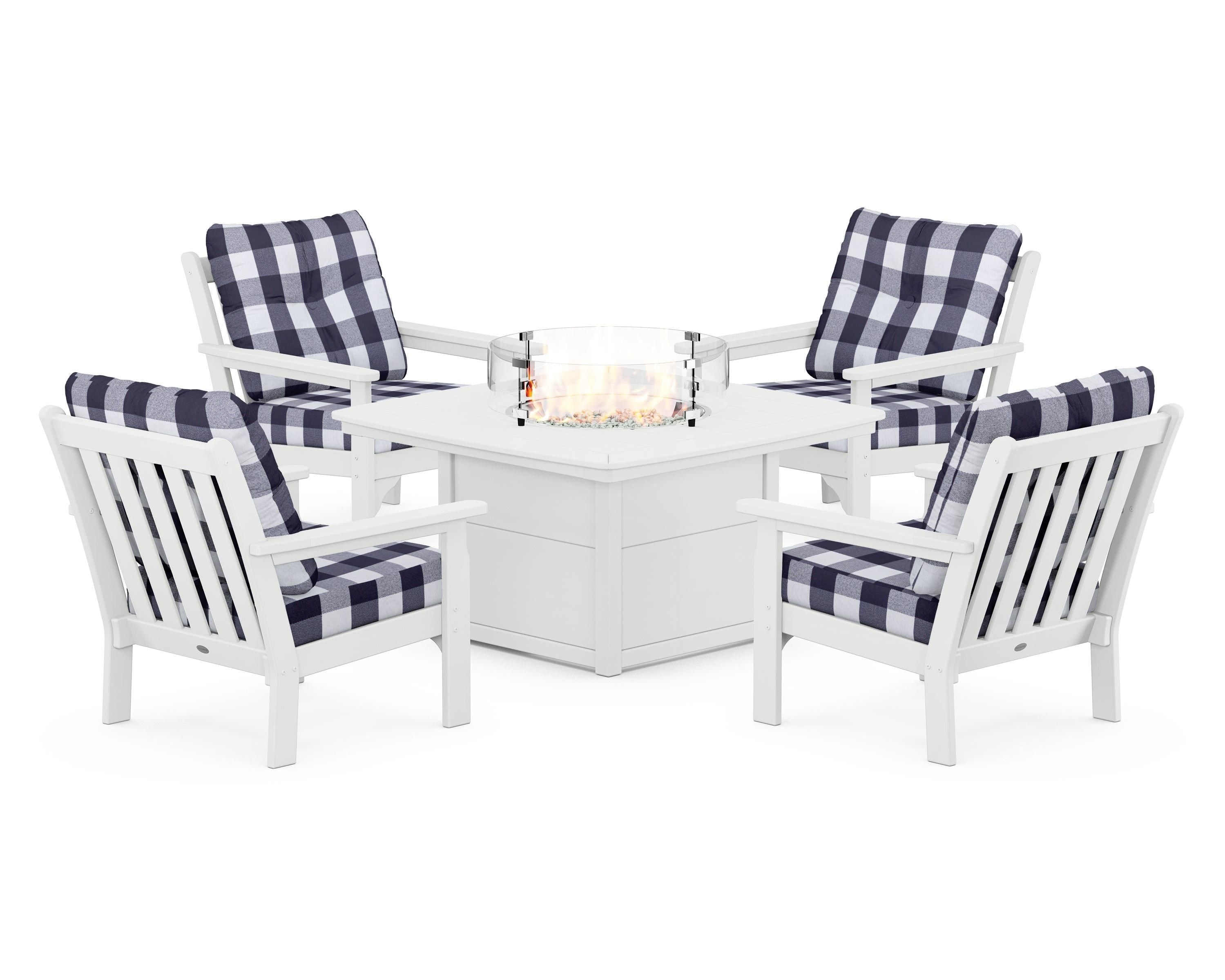 POLYWOOD® Vineyard 5-Piece Conversation Set with Fire Pit Table in White / Buffalo Plaid Navy