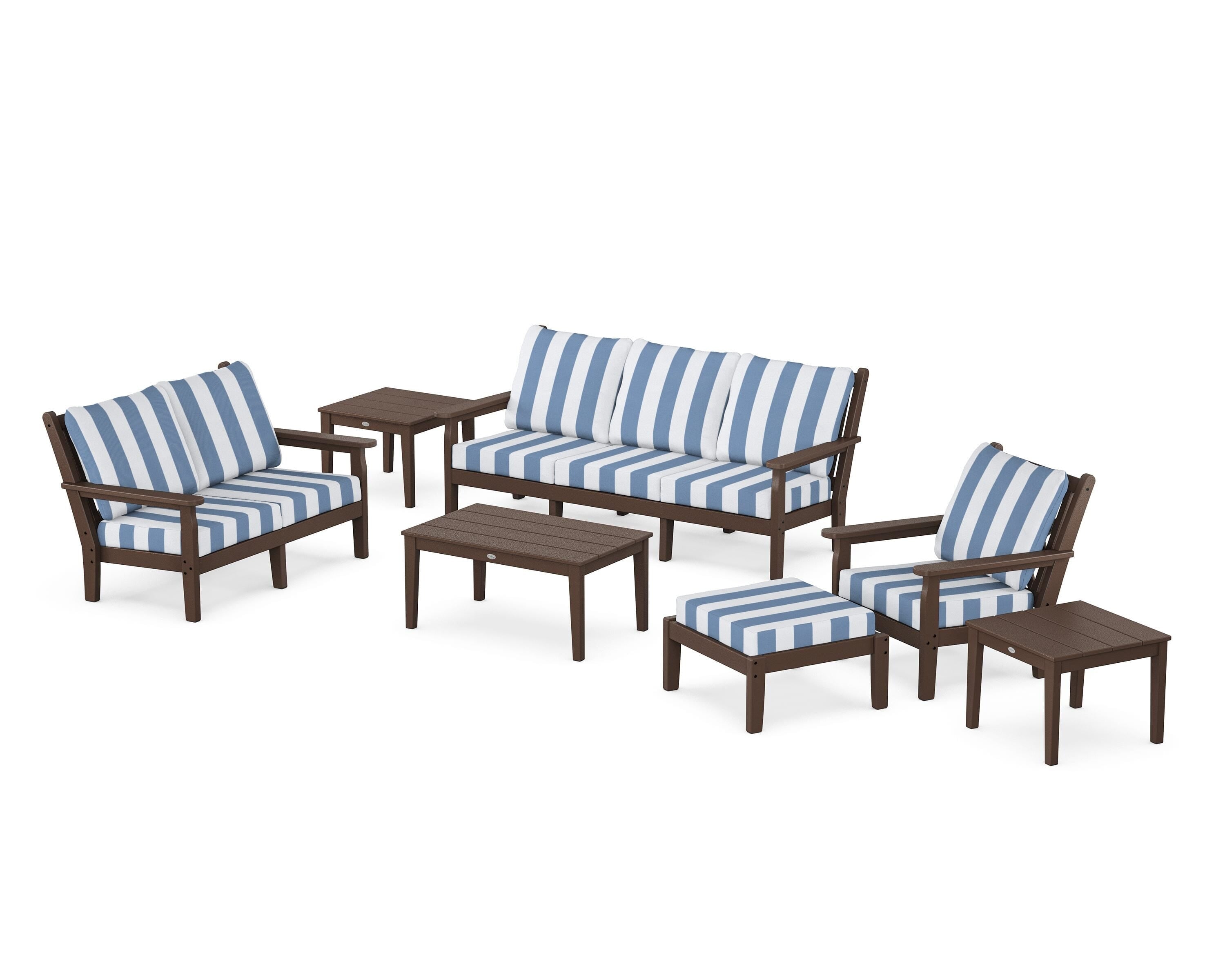 POLYWOOD® Chippendale 7-Piece Deep Seating Set in Mahogany / Cabana Stripe Sky Blue