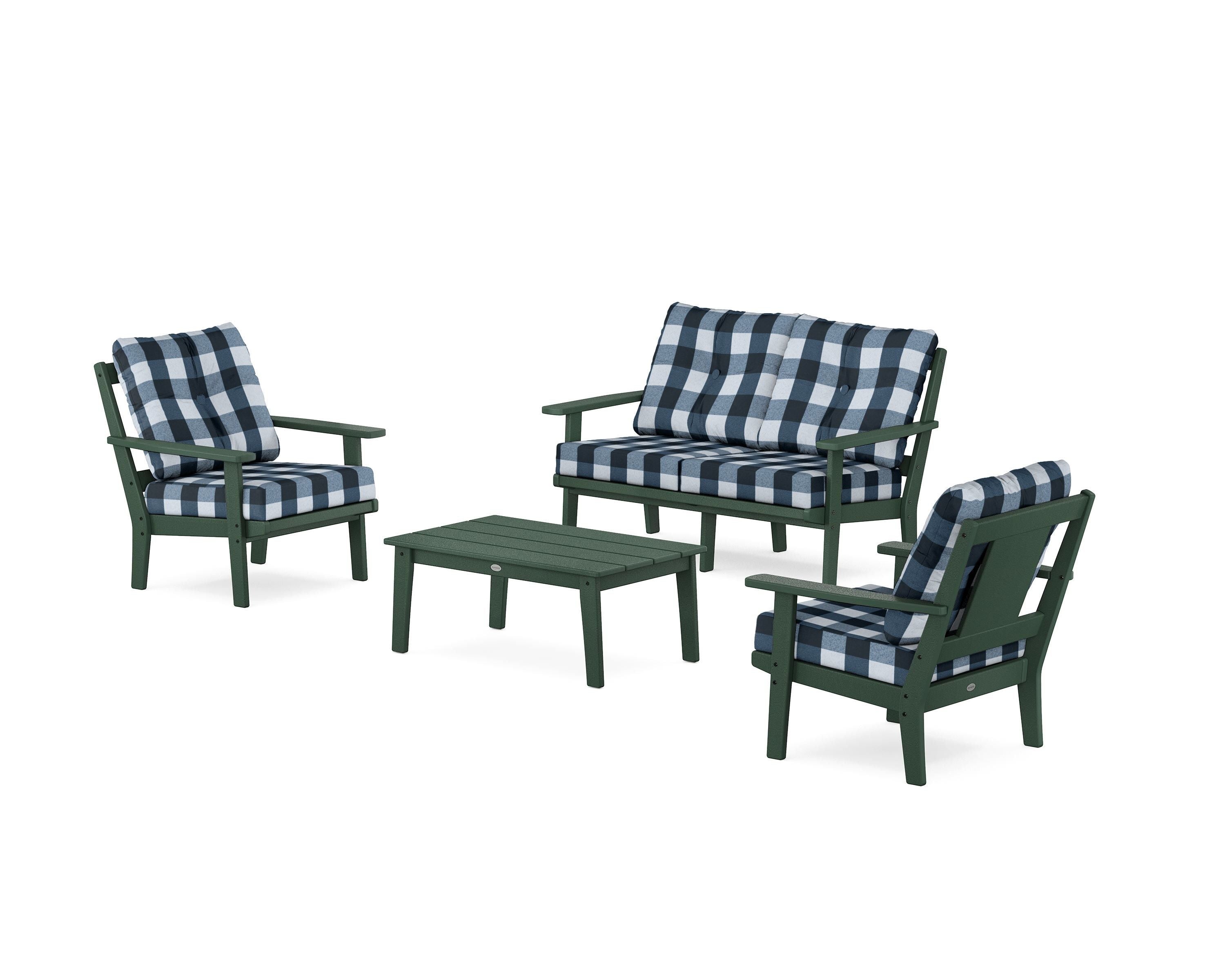 POLYWOOD® Prairie 4-Piece Deep Seating Set with Loveseat in Green / Buffalo Plaid Marine Indigo