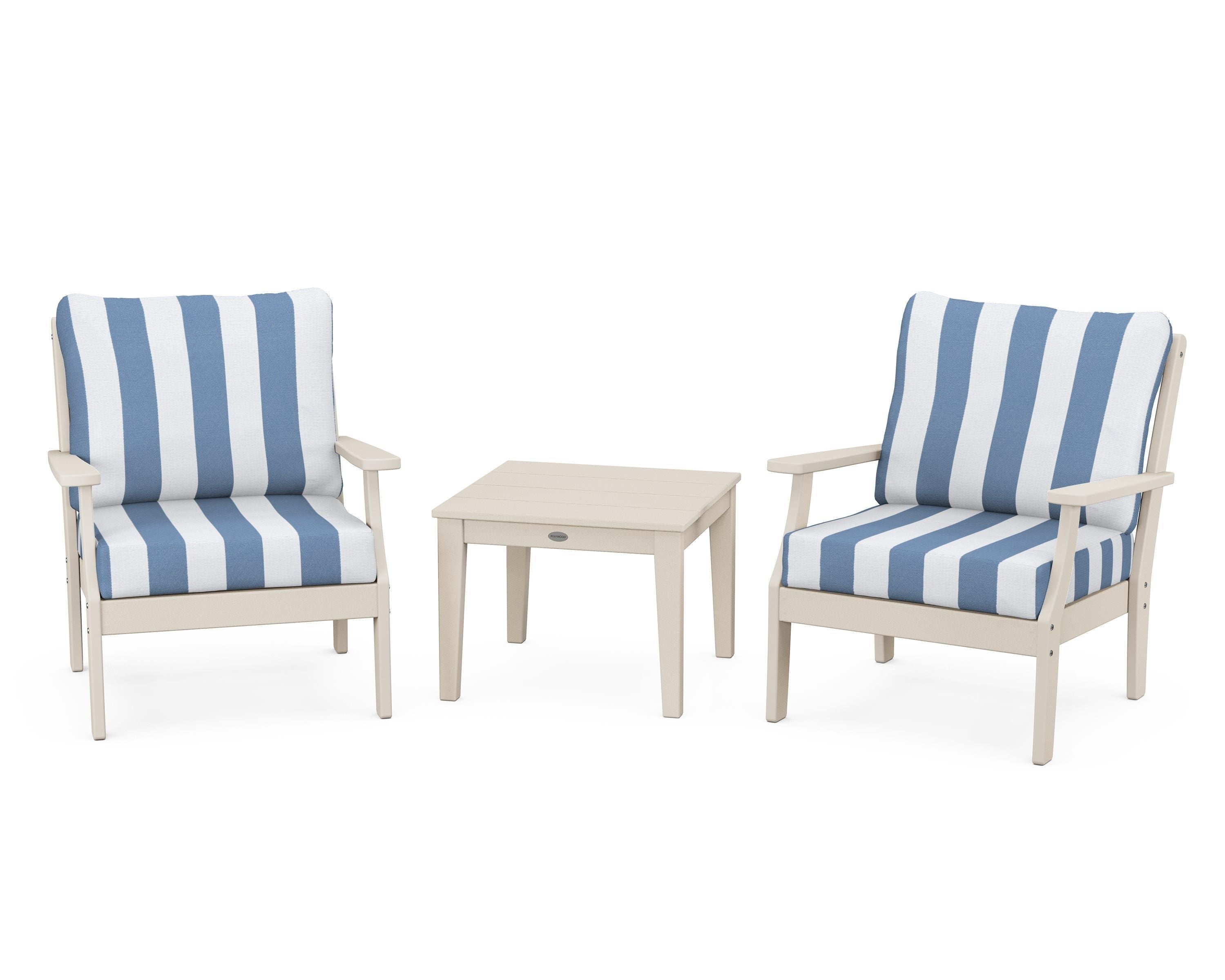 POLYWOOD® Braxton 3-Piece Deep Seating Set in Sand / Cabana Stripe Sky Blue