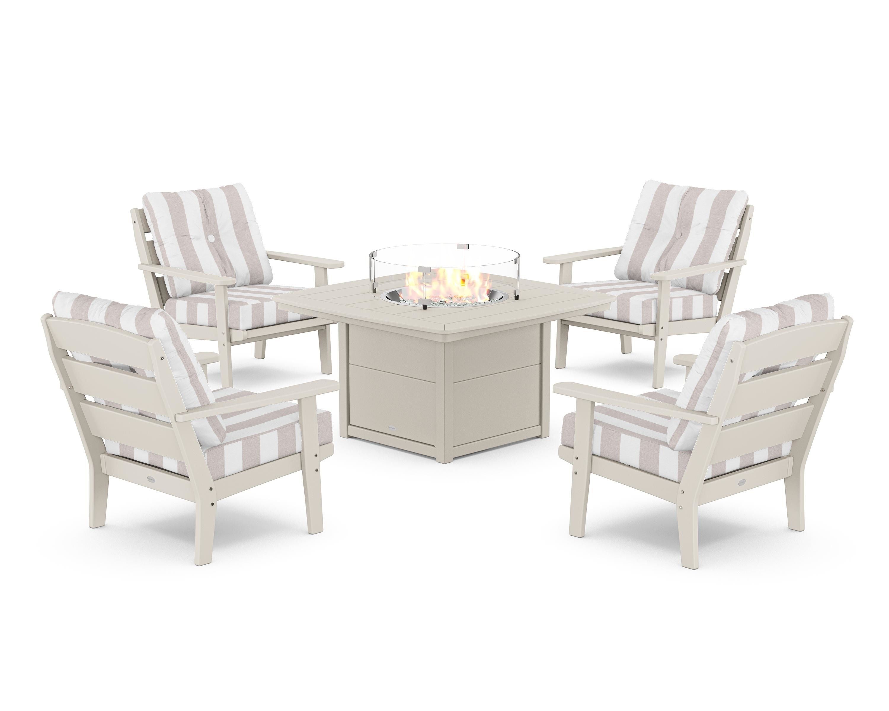 POLYWOOD® Lakeside 5-Piece Deep Seating Set with Nautical Fire Pit Table in Sand / Cabana Stripe Dune Burlap