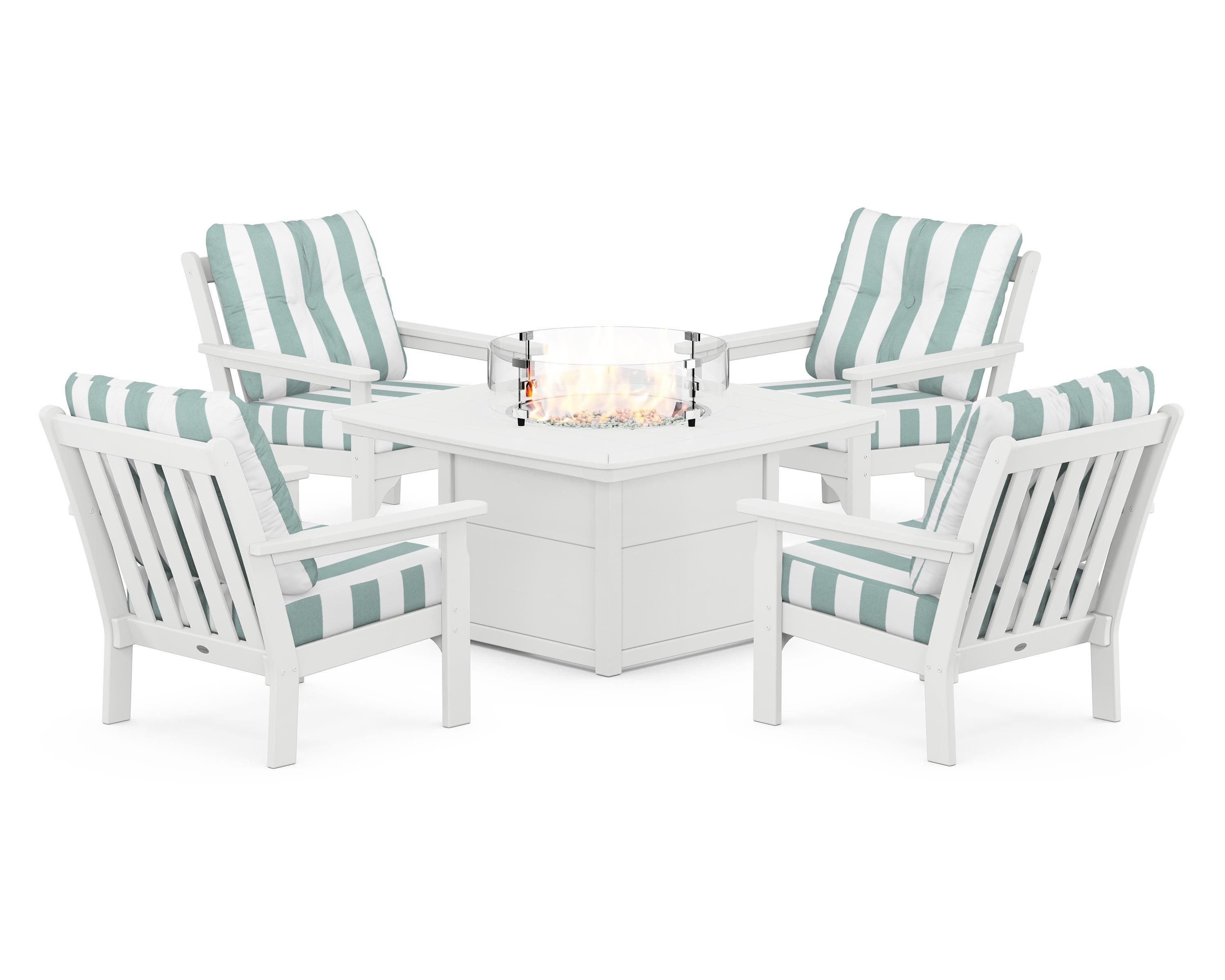 POLYWOOD® Vineyard 5-Piece Conversation Set with Fire Pit Table in White / Cabana Stripe Glacier Spa