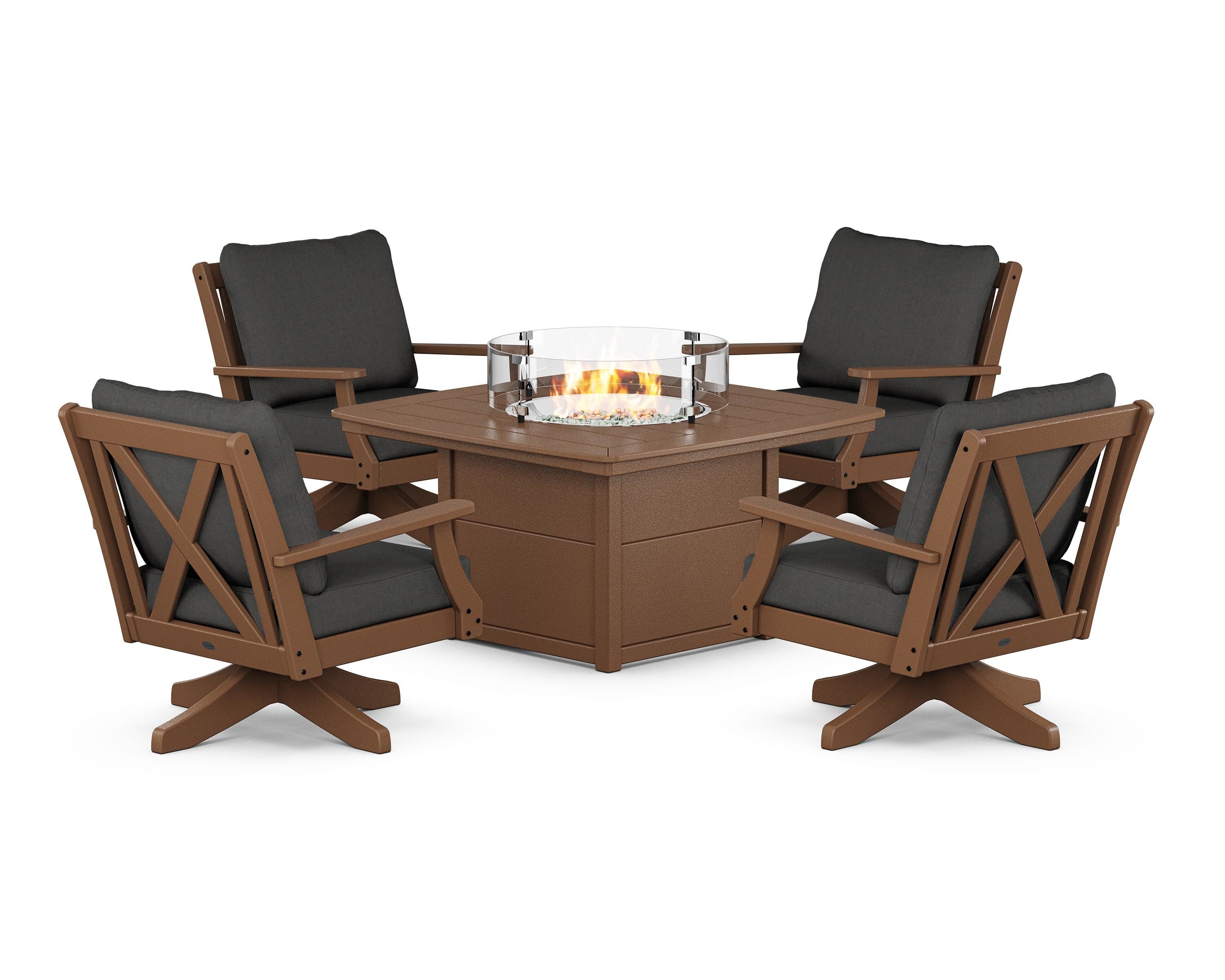 POLYWOOD® Braxton 5-Piece Deep Seating Swivel Conversation Set with Fire Pit Table in Teak / Spectrum Carbon