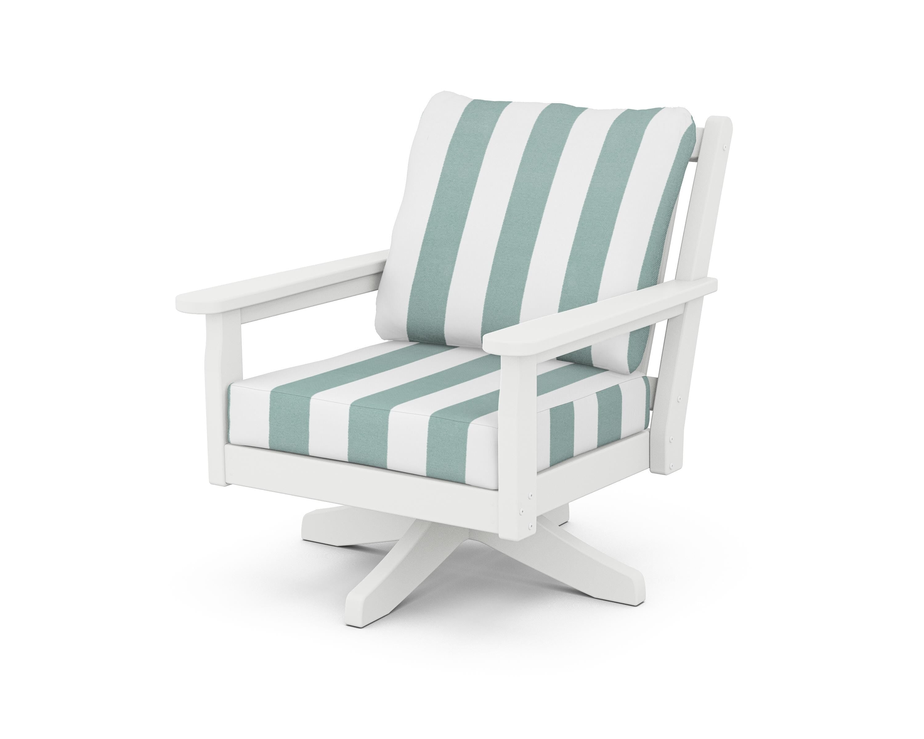 POLYWOOD® Chippendale Deep Seating Swivel Chair in White / Cabana Stripe Glacier Spa