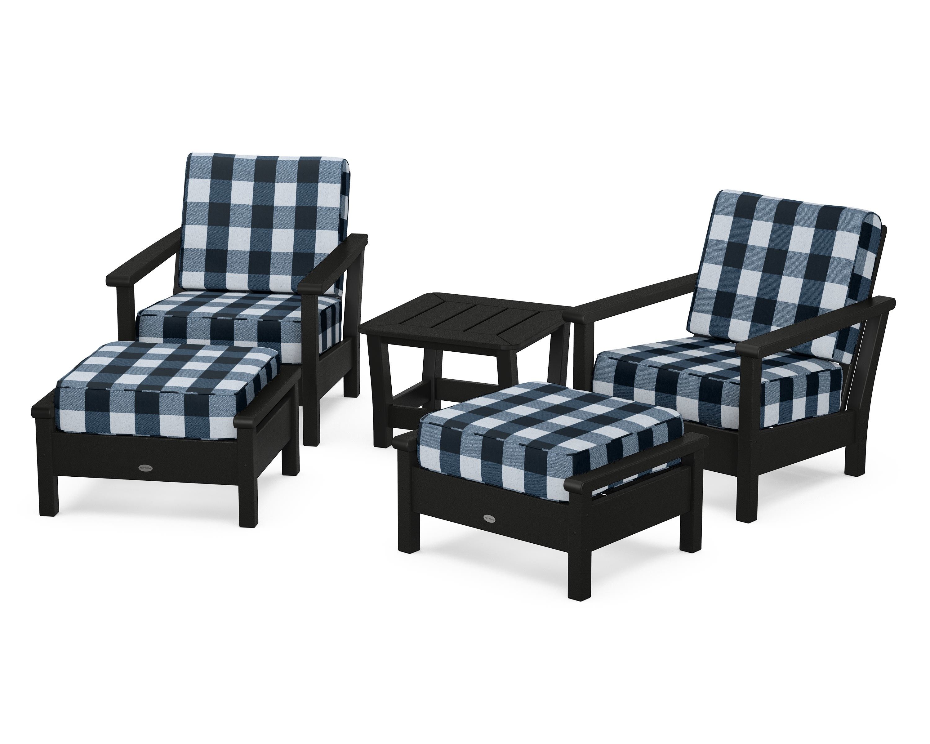 POLYWOOD® Harbour 5-Piece Deep Seating Chair Set in Black / Buffalo Plaid Marine Indigo