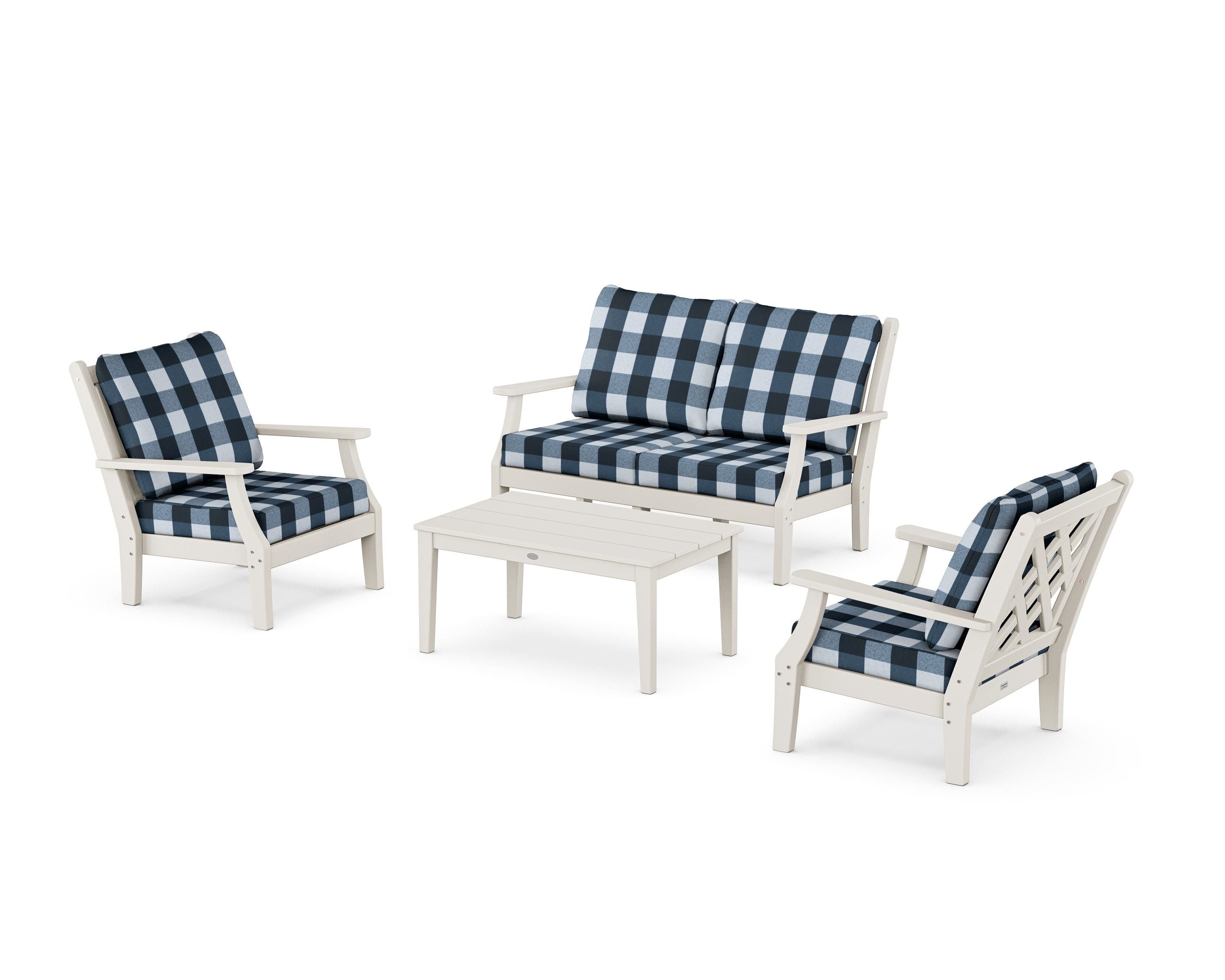 Country Living Wovendale 4-Piece Deep Seating Set with Loveseat in Sand / Buffalo Plaid Marine Indigo