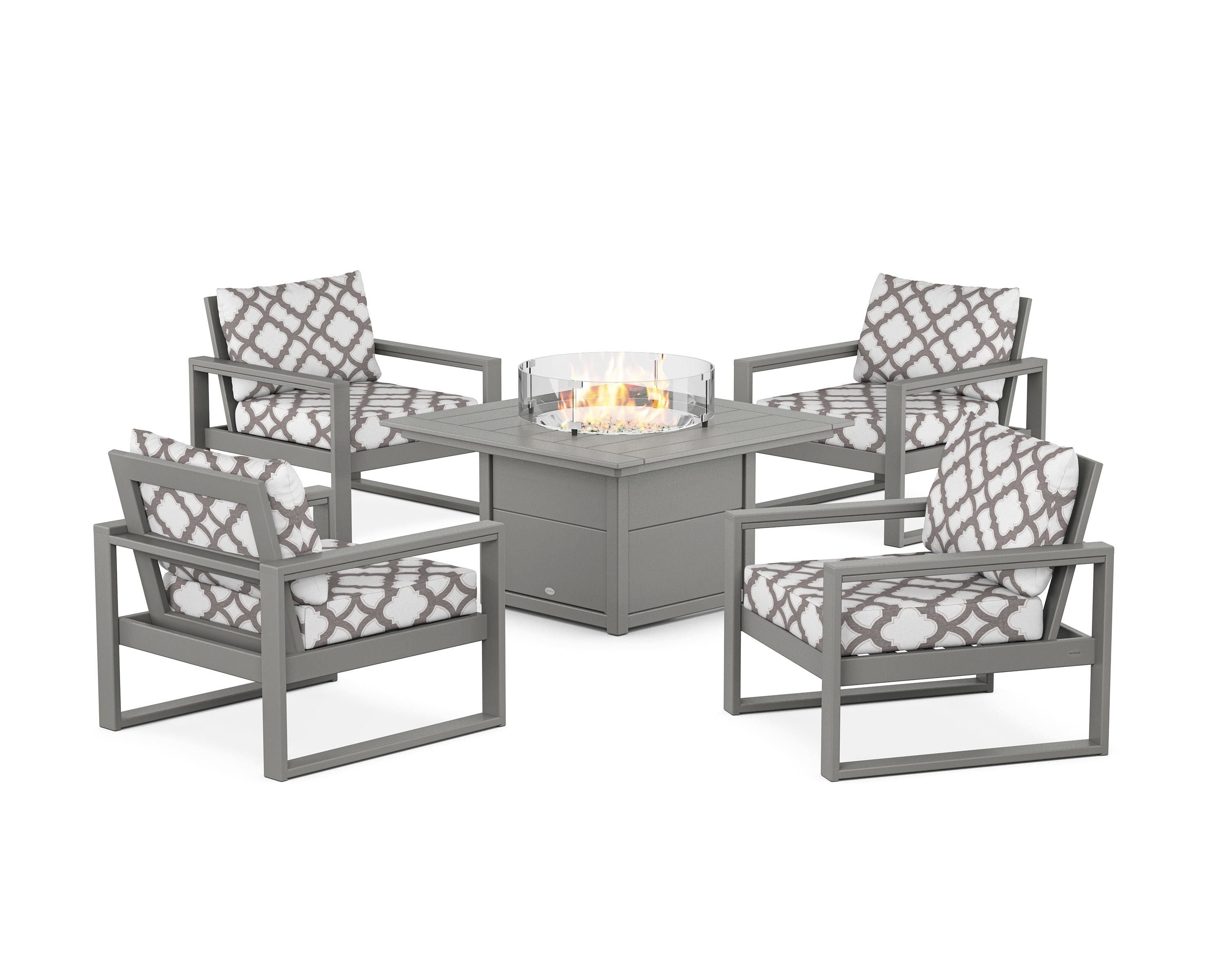 POLYWOOD® EDGE Sectional 5-Piece Deep Seating Set with Fire Pit Table in Slate Grey / Trellis Grey Mist